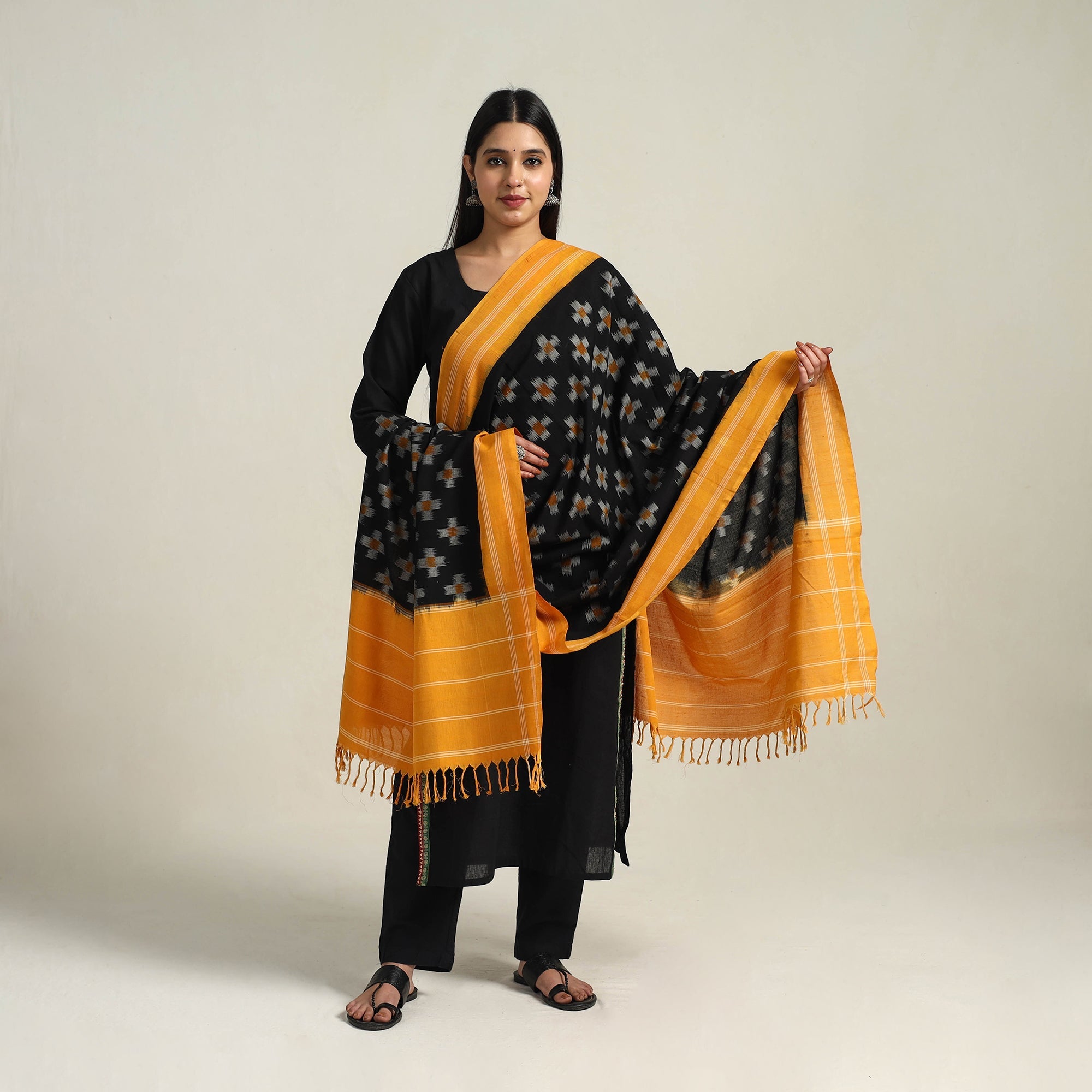 SOUTH KARGHA Black - Handloom Cotton Pochampally Double Ikat Dupatta 08