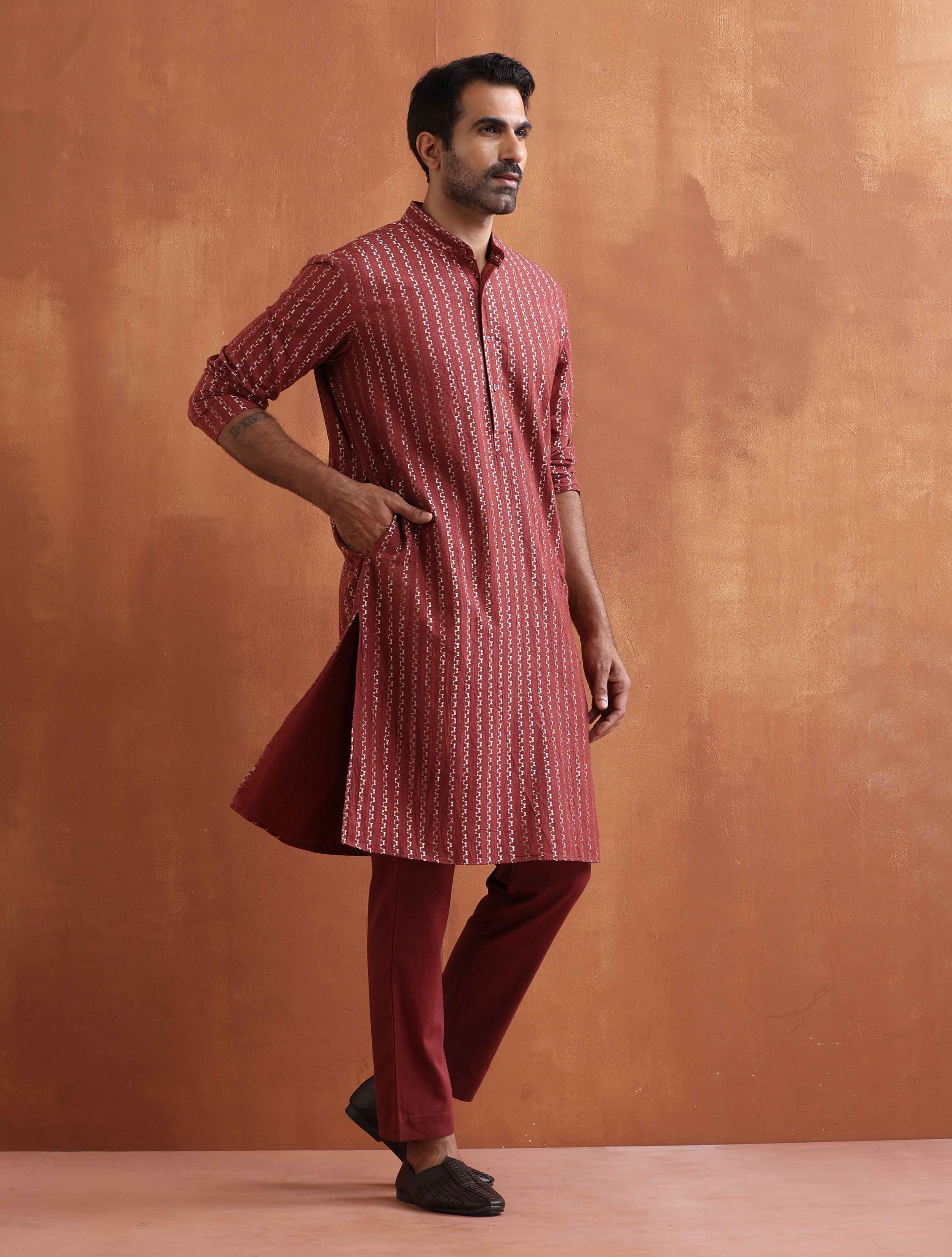 trueBrowns Men's Rust Cotton Dobby Kurta - view 3