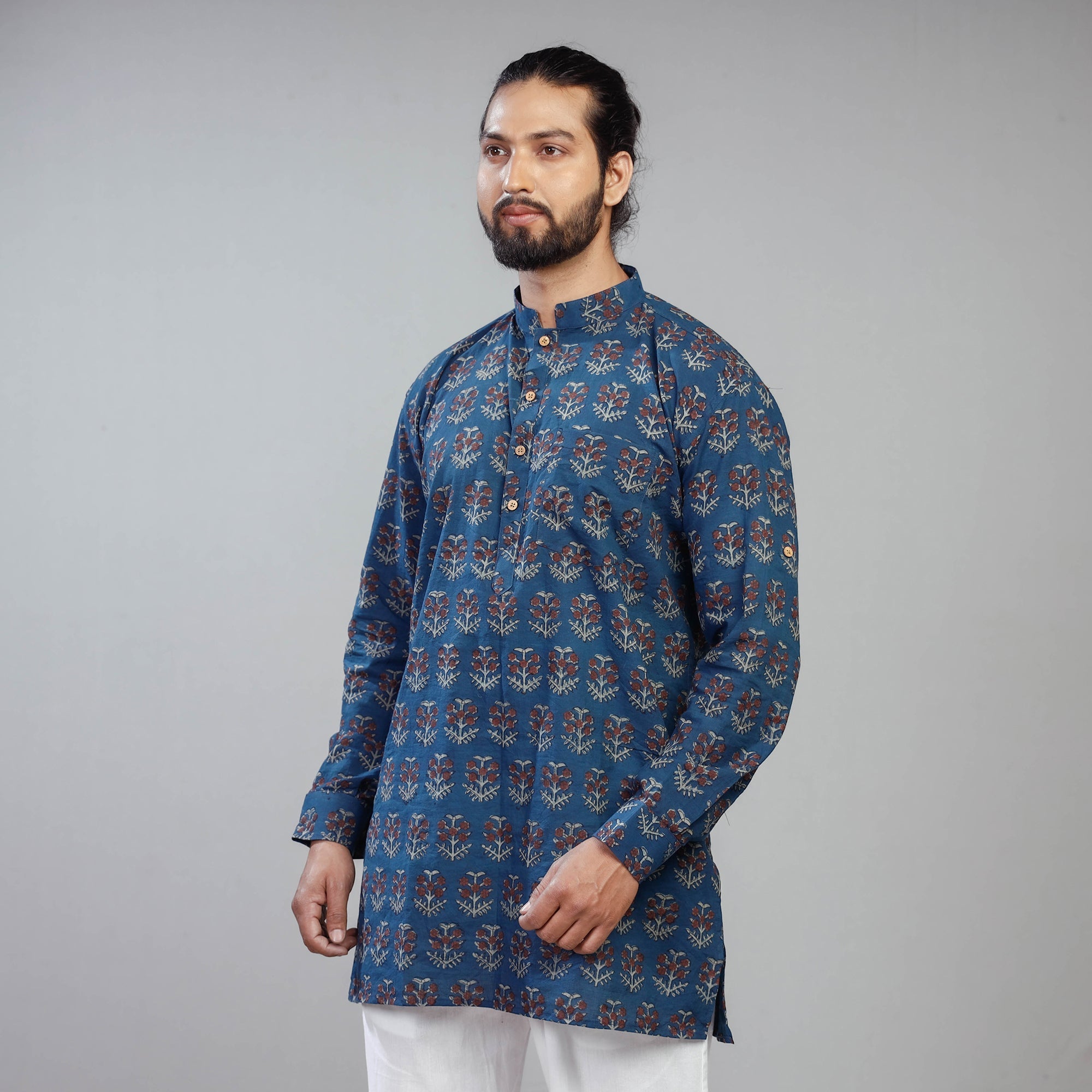 ITOKRI CASUALS Blue - Akola Block Printed Cotton Men Short Kurta - view 2