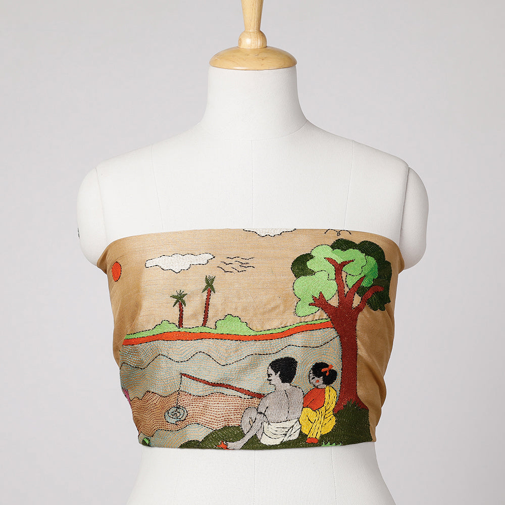 ITOKRI CRAFTS INITIATIVE Beige - Bengal Kantha Embroidery Raw Silk Blouse Piece