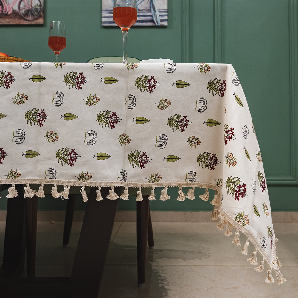 Urban Space Home Furnishing 100% Cotton Dining Table Cover, Printed Cotton Table Cloth with Boho Tassels - Calico Red