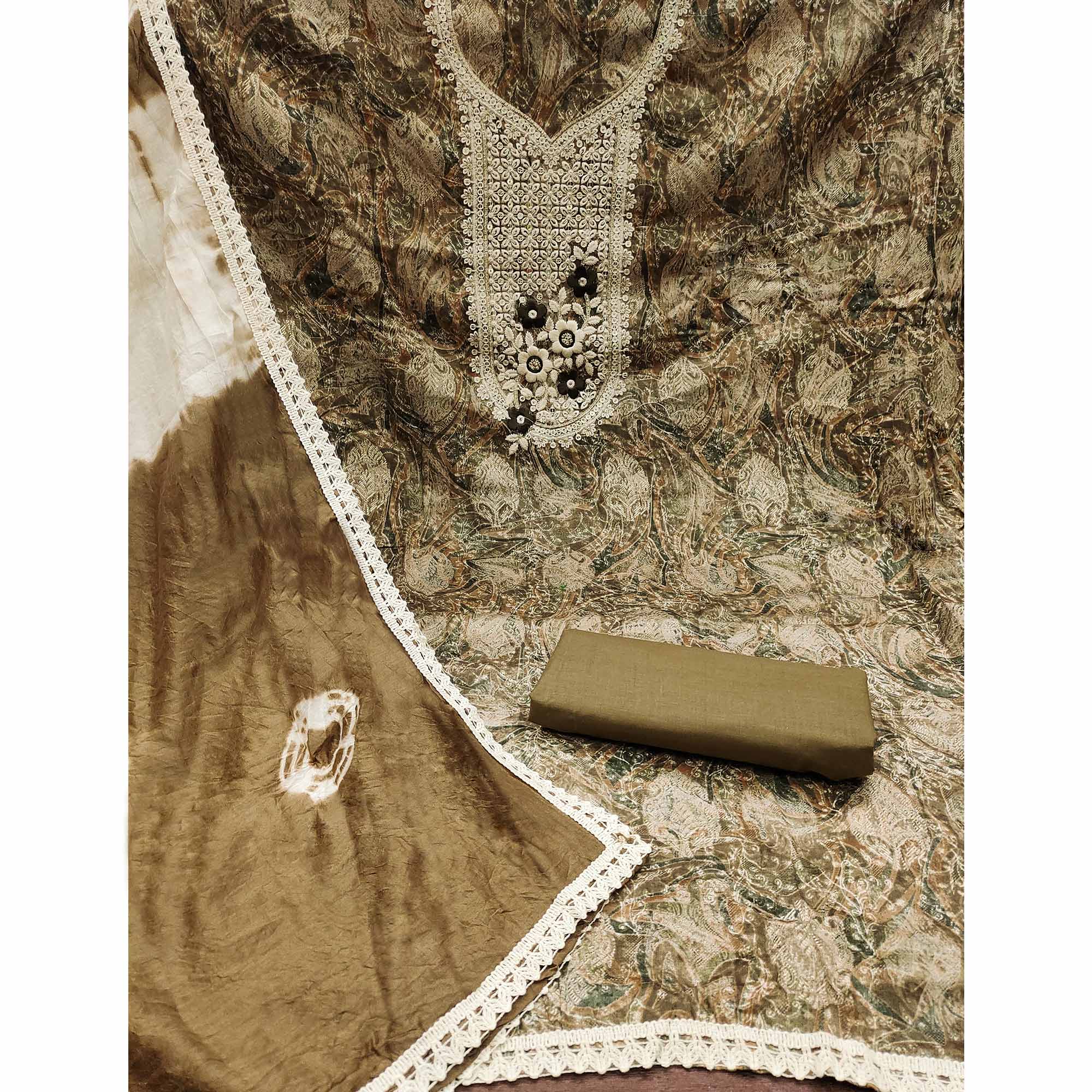 Peachmode Brown Floral Embroidered Pure Cotton Dress Material - view 3
