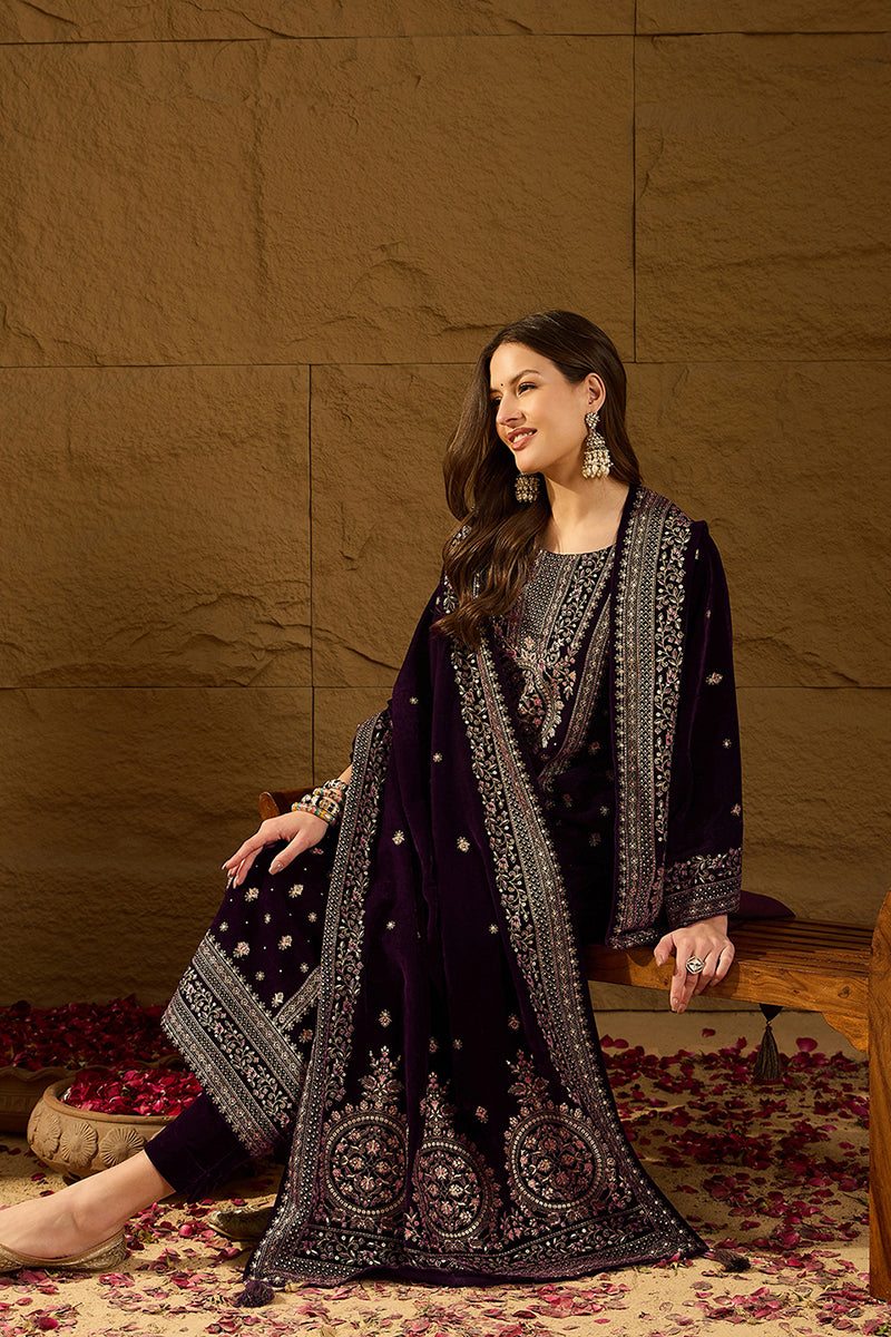 Ahika Purple Velvet Ethnic Motifs Printed Straight Trousers Suit Set PKSKD2883