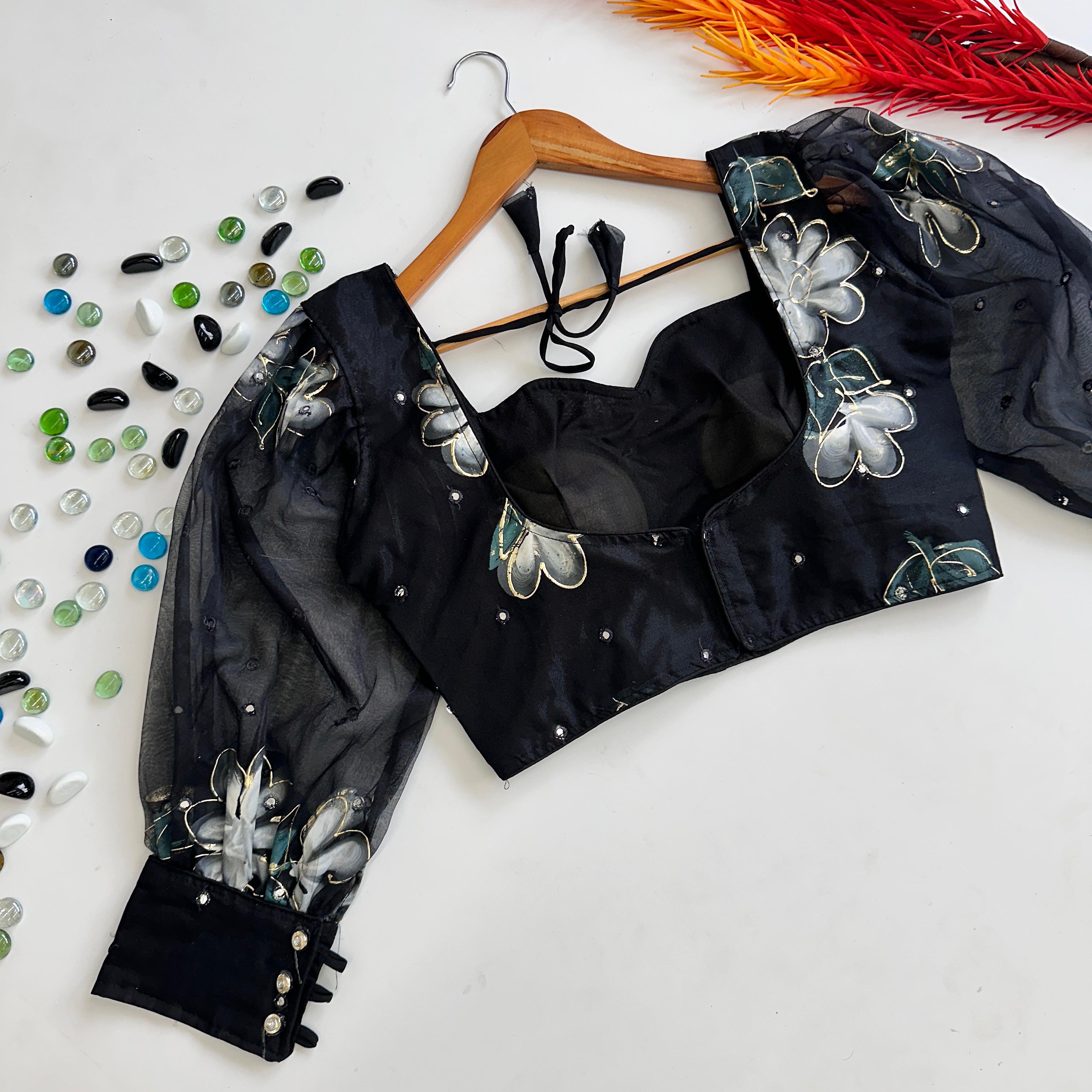 ClothsVilla Black Hand-Painted Organza Silk Blouse with Embroidery Accents - view 2