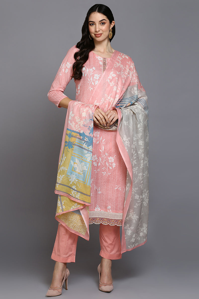 Ahika Peach Cotton Blend Ethnic Motifs Straight Suit Set VKSKD1879