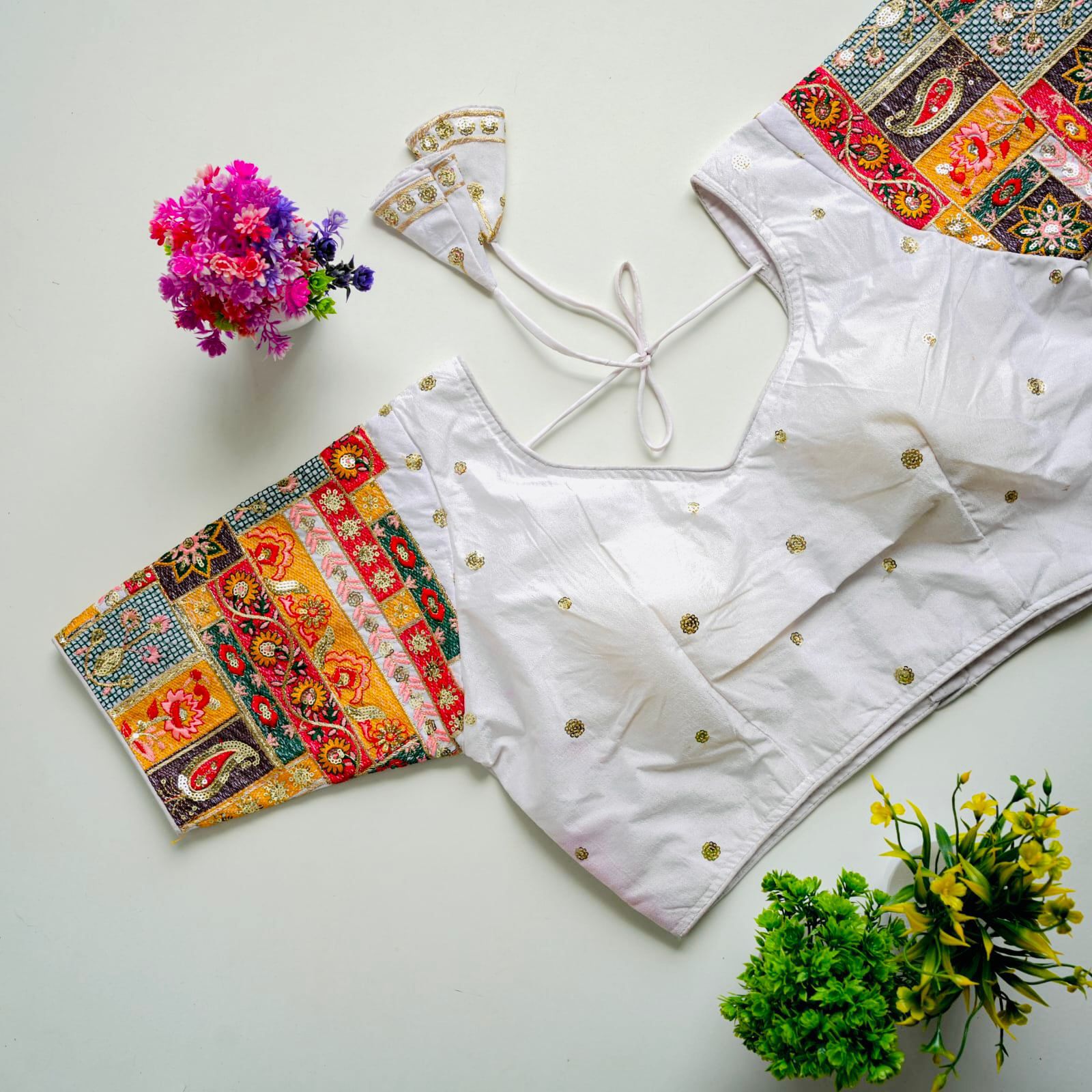 ClothsVilla White Golden Embroidered Seoul Silk Blouse with Sequins