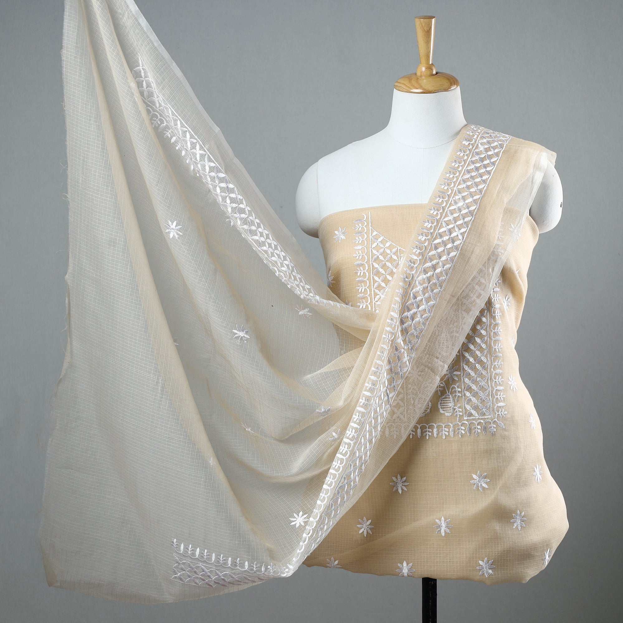 ITOKRI CRAFTS INITIATIVE Beige - 3pc Kota Doria Cotton Embroidered Suit Material Set 12