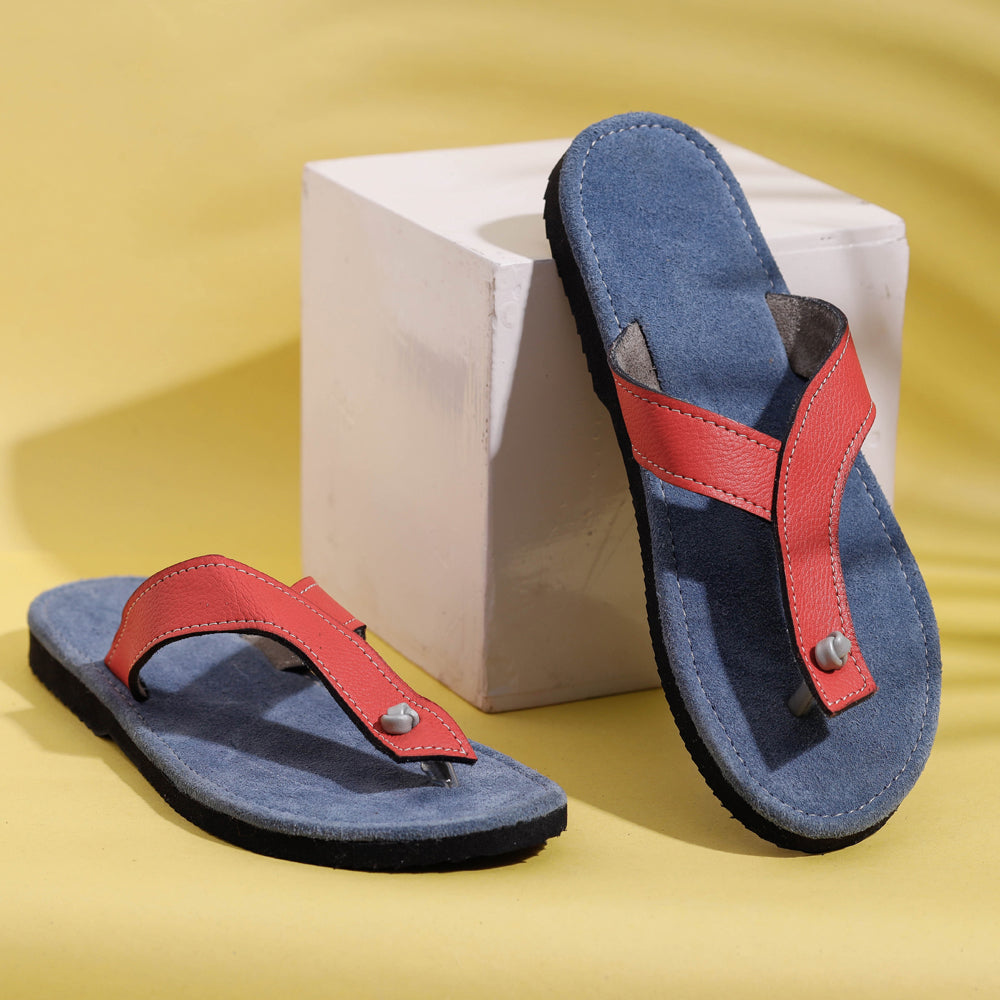 AASAI HANDICRAFT FOOTWEAR AUROVILLE Blue & Coral Handcrafted Women's Leather Slippers with Suede
