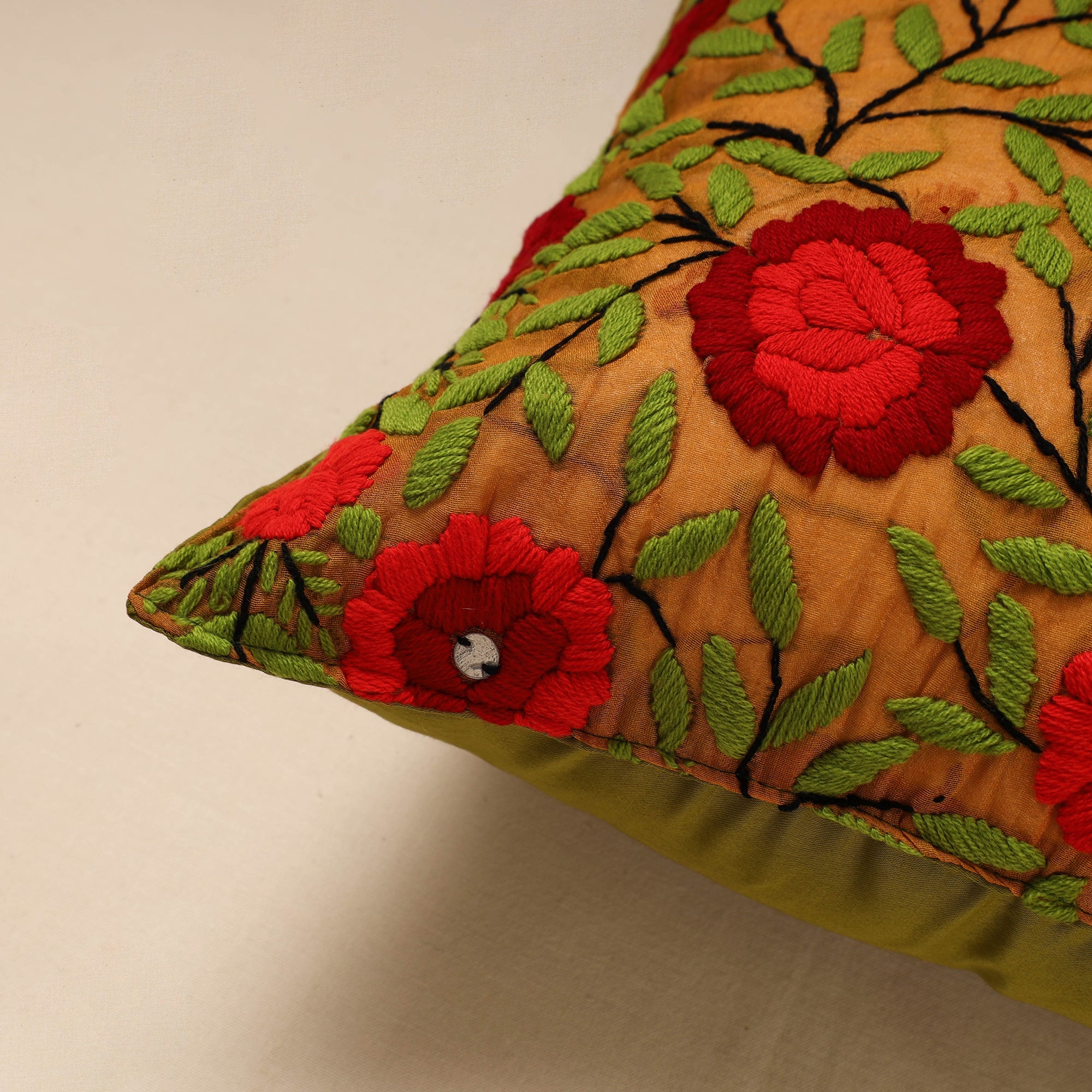 ITOKRI CRAFTS INITIATIVE Brown - Chanderi Silk Phulkari Hand Embroidered Cushion Cover - view 2