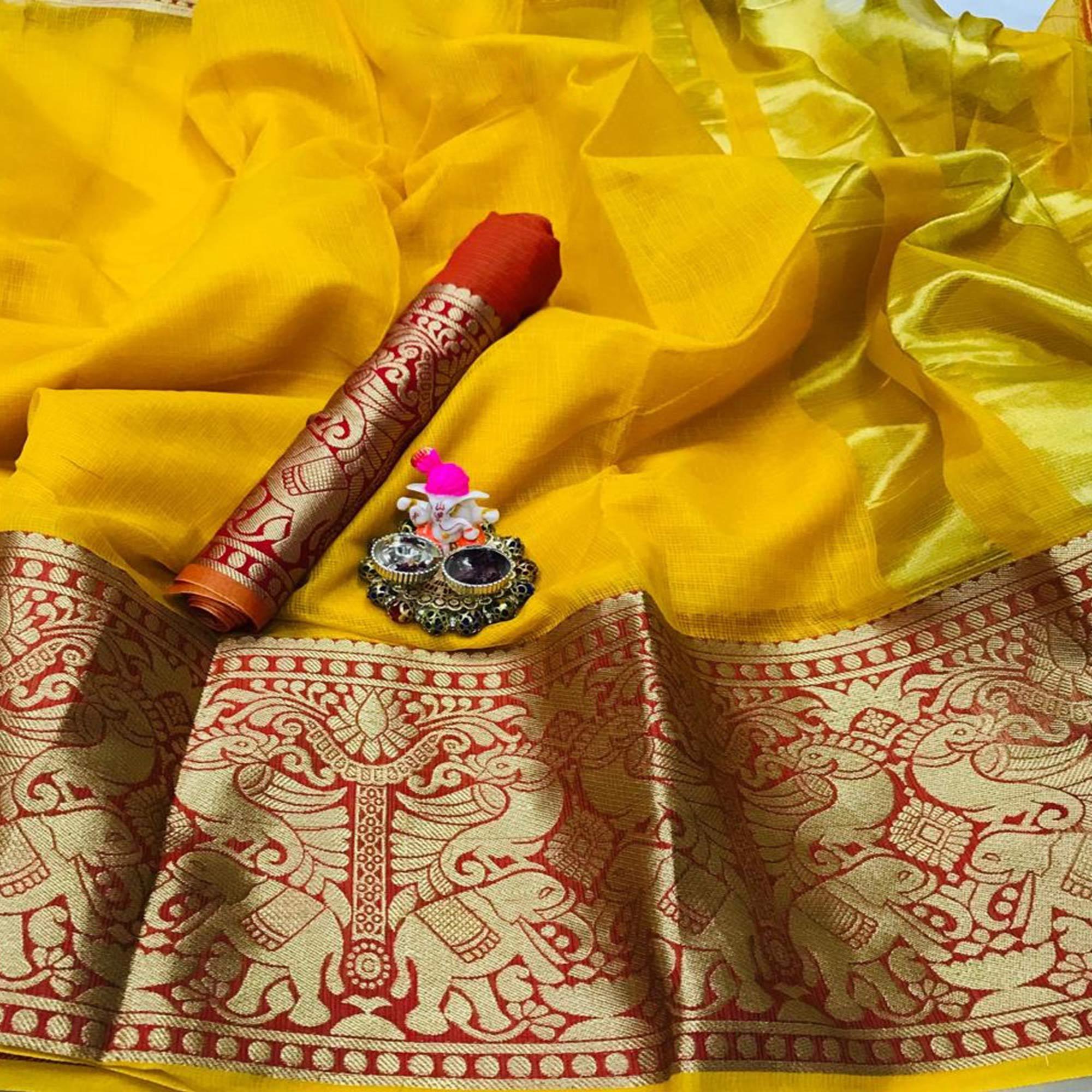 Peachmode Magnetic Yellow Colored Festive Wear Woven Heavy Cotton Saree