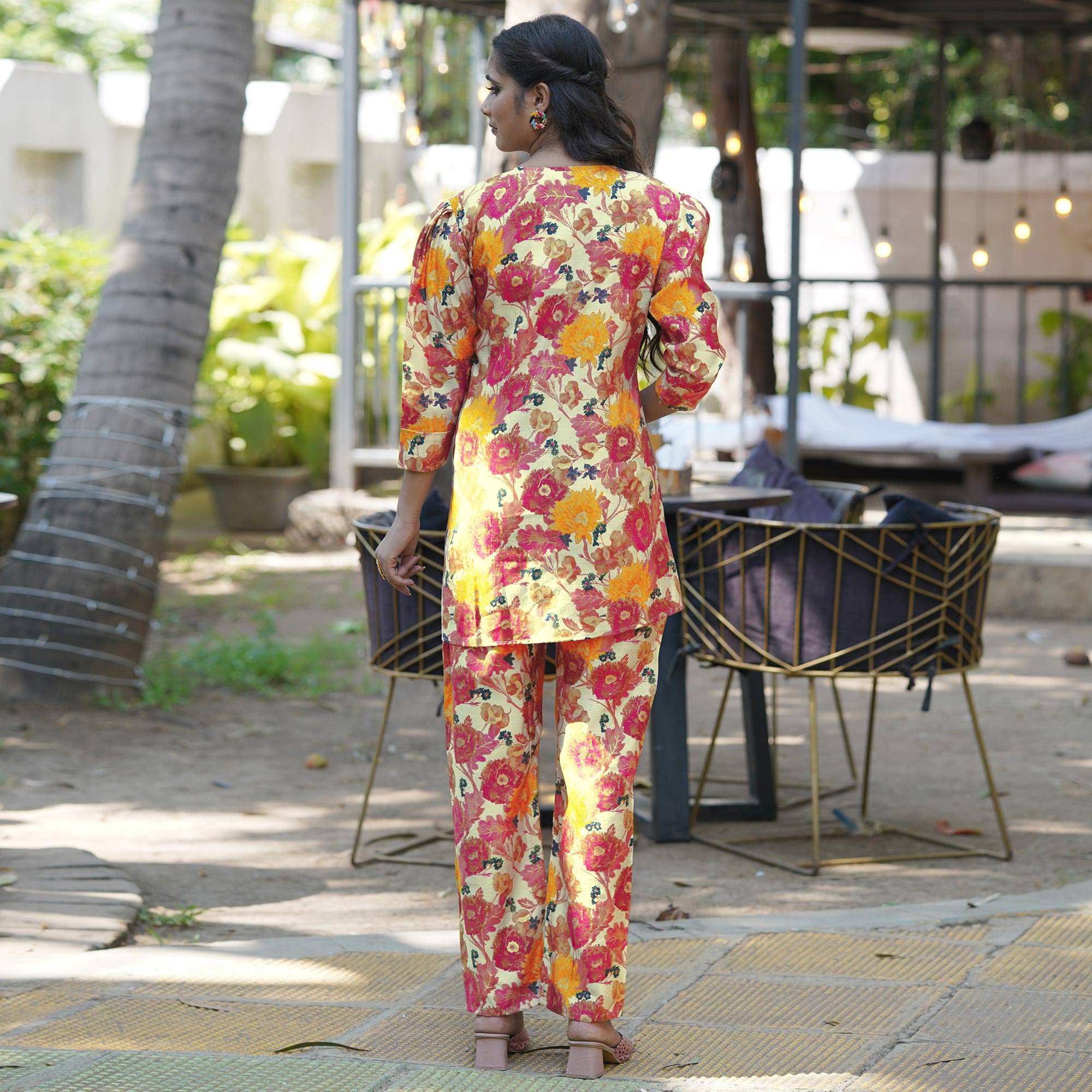 Peachmode Cream Floral Foil Printed Chanderi Silk Co Ord Set - view 2