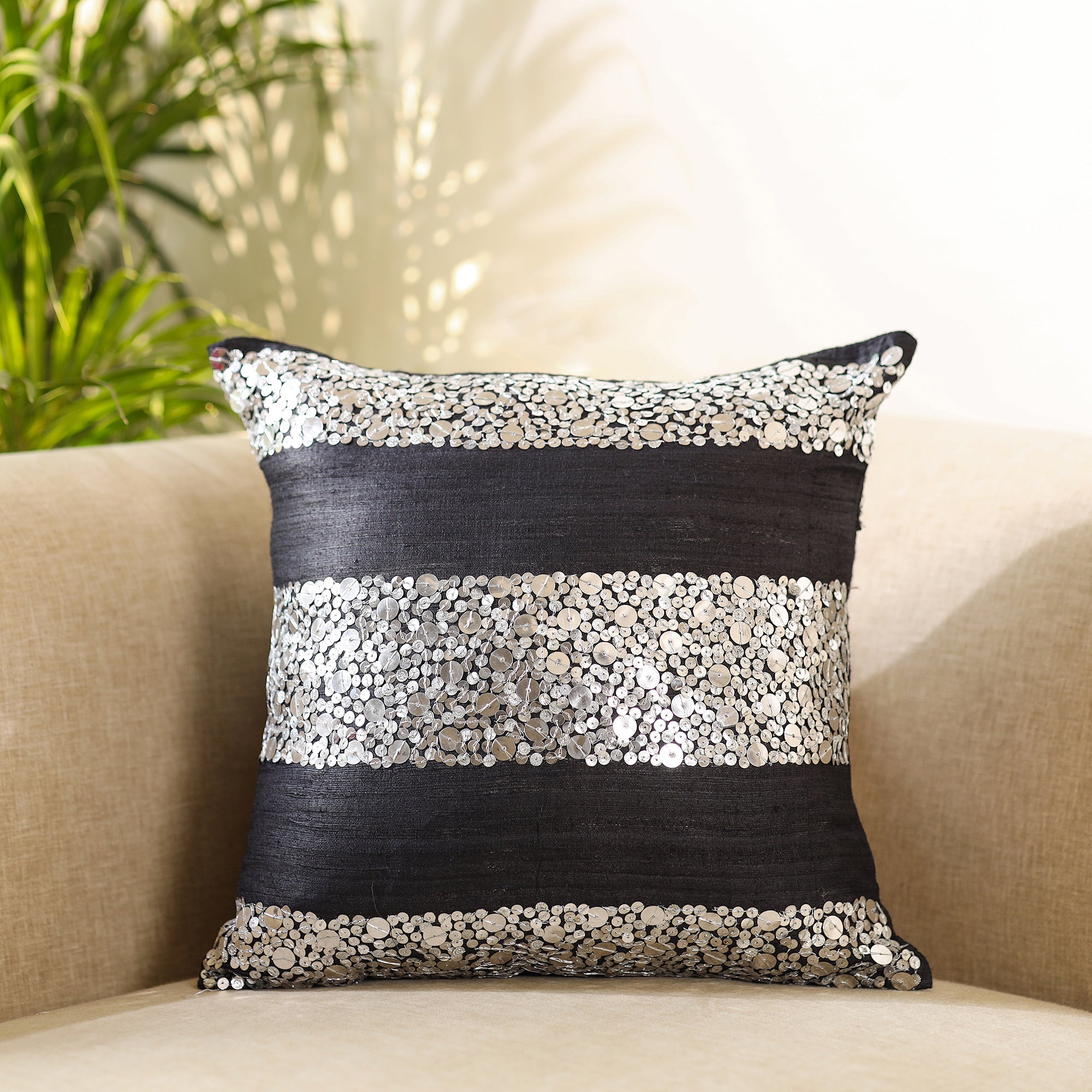 CHHATTISGARH HASTSHILP VIKAS BOARD Black - Aari Embroidery Sequin Work Ghicha Silk Cushion Cover (16 x 16 in)