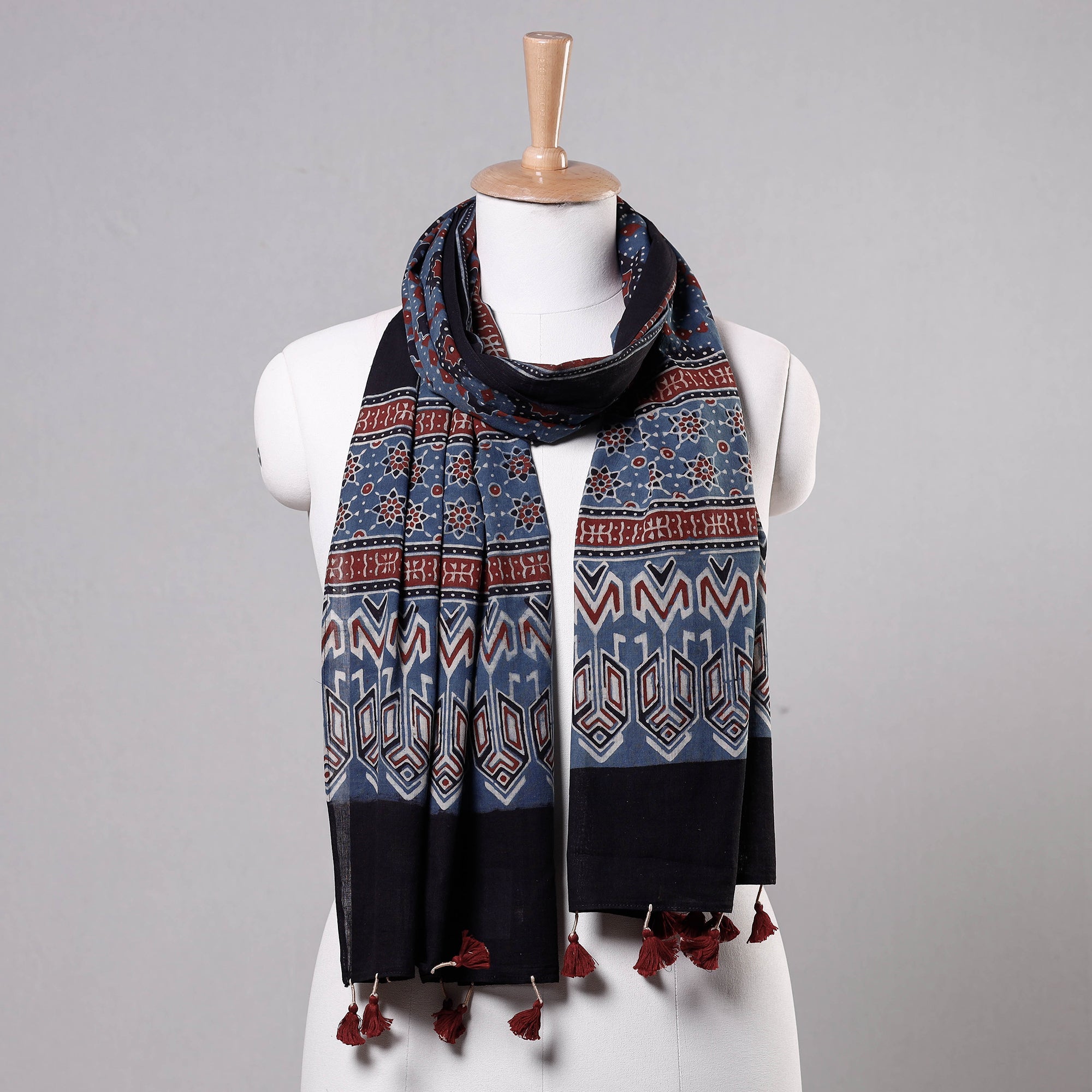 RIYAZ ABDULMAJID KHATRI - AJRAKH Blue - Ajrakh Block Printed Mul Cotton Stole with Tassels