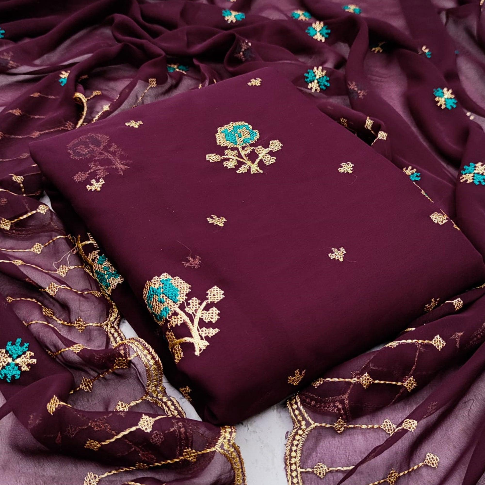 Peachmode Magnetic Wine Colored Casual Wear Embroidered Georgette Dress Material