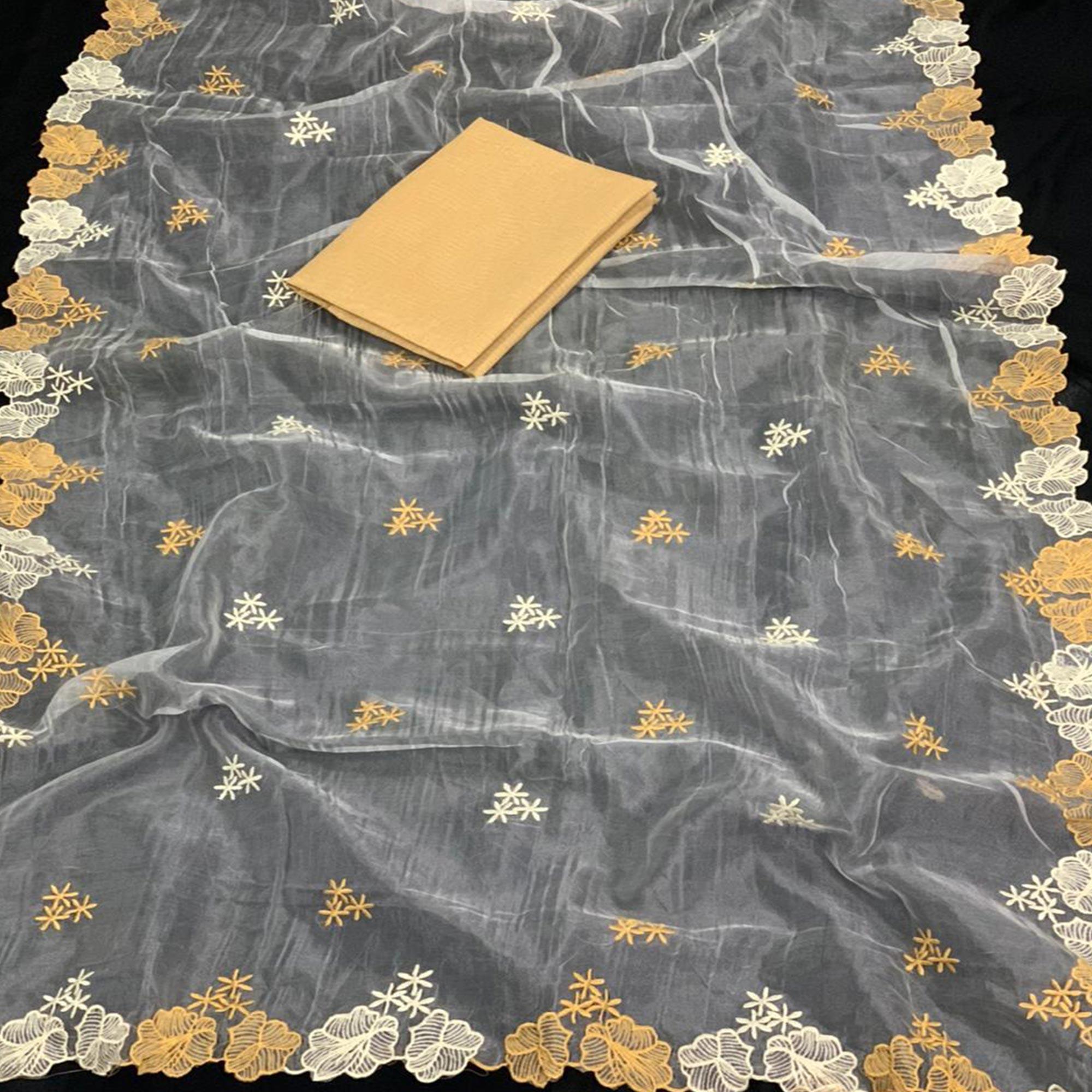 Peachmode Desirable White - Beige Colored Partywear Embroidered Pure Organza Saree