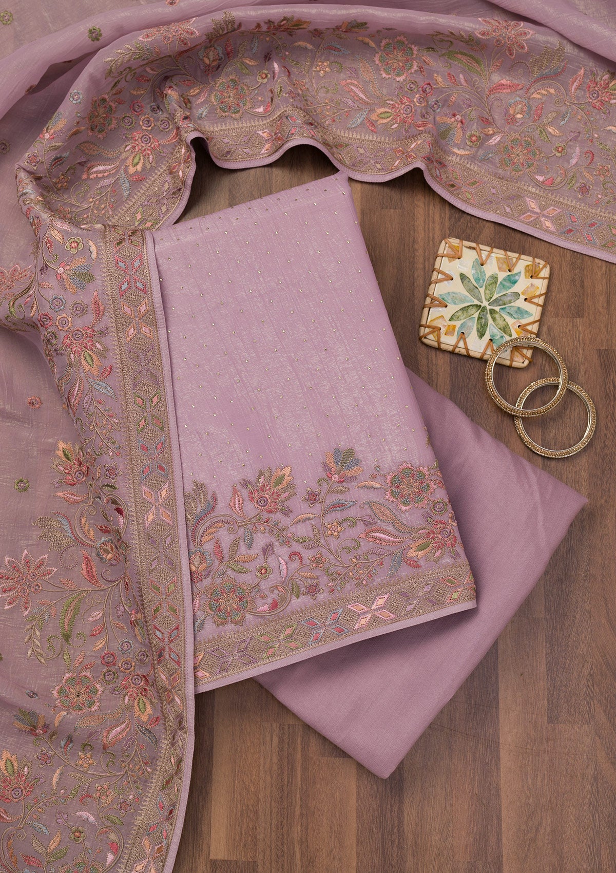Koskii Lavender Threadwork Semi Crepe Unstitched Salwar Suit
