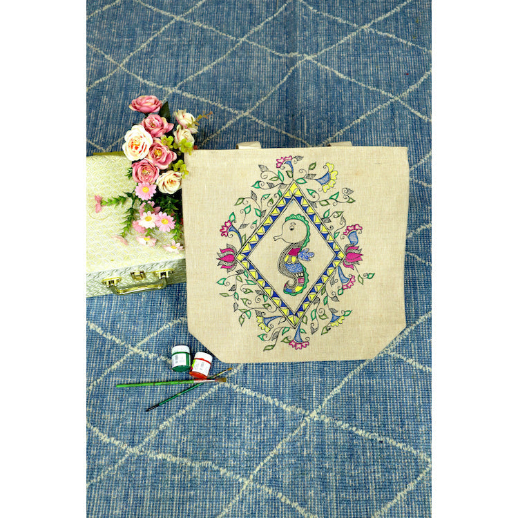 DIORAMA DESIGNS Beige - Earthy Moods Handpainted Cotton Jute Tote Bag