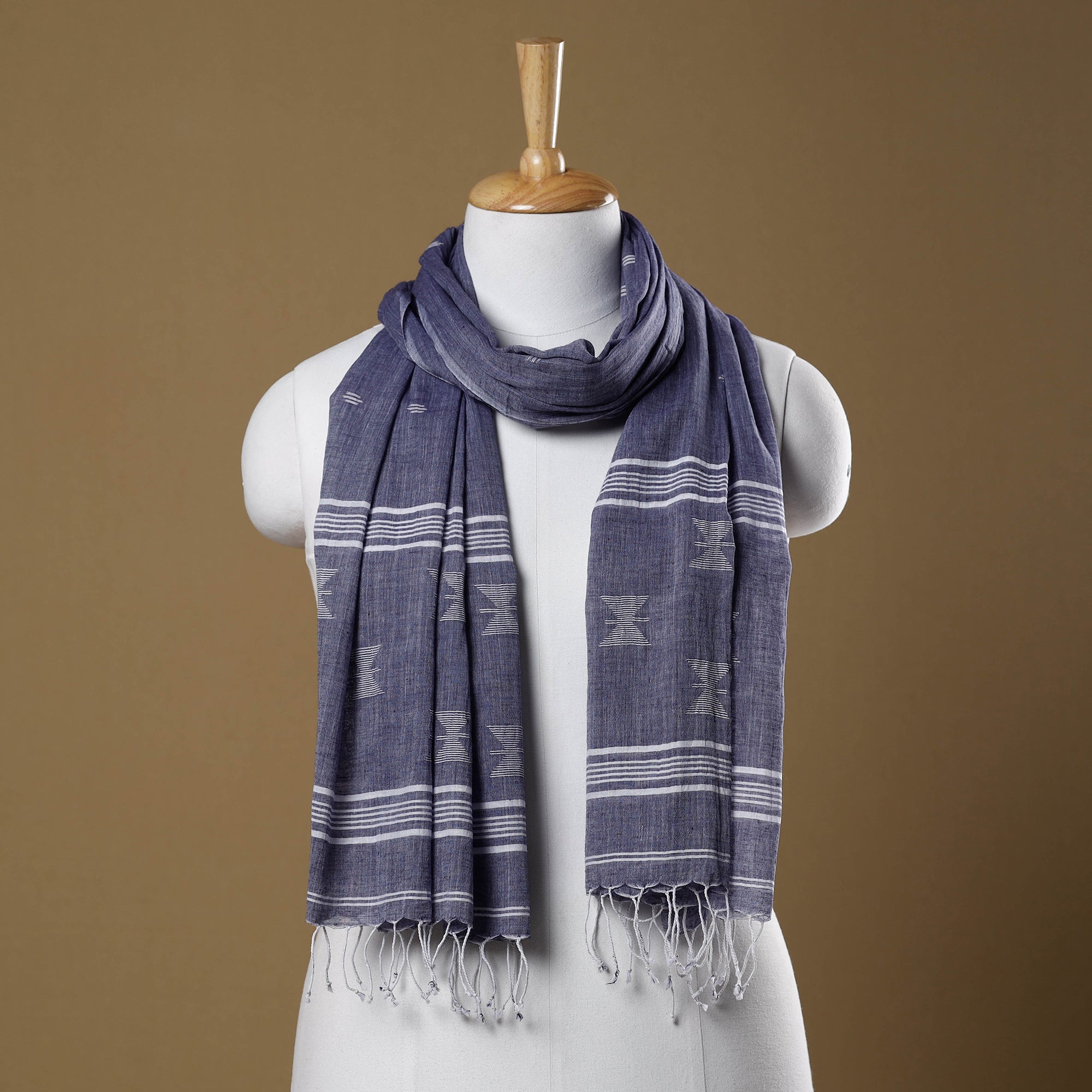 KHUSHBASH - HAPPY LOOM OF EAST Blue - Burdwan Jamdani Buti Handloom Cotton Stole with Tassels
