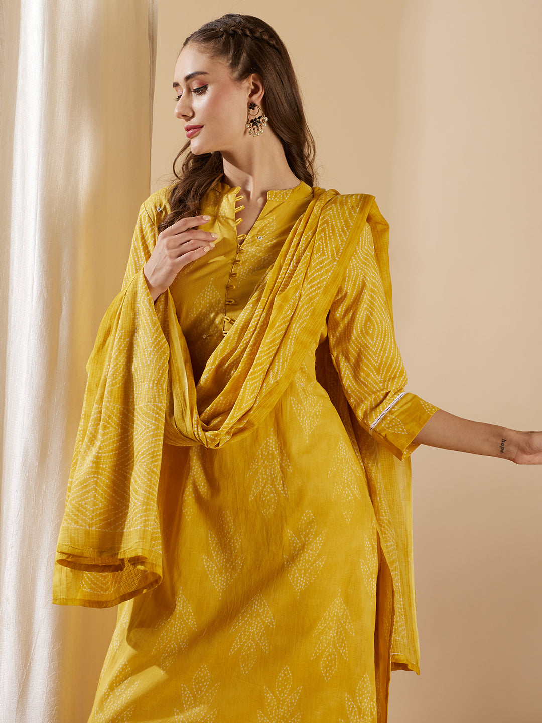 Fashor Ethnic Leaf Printed & Embroidered Straight Kurta with Pant & Dupatta - Yellow