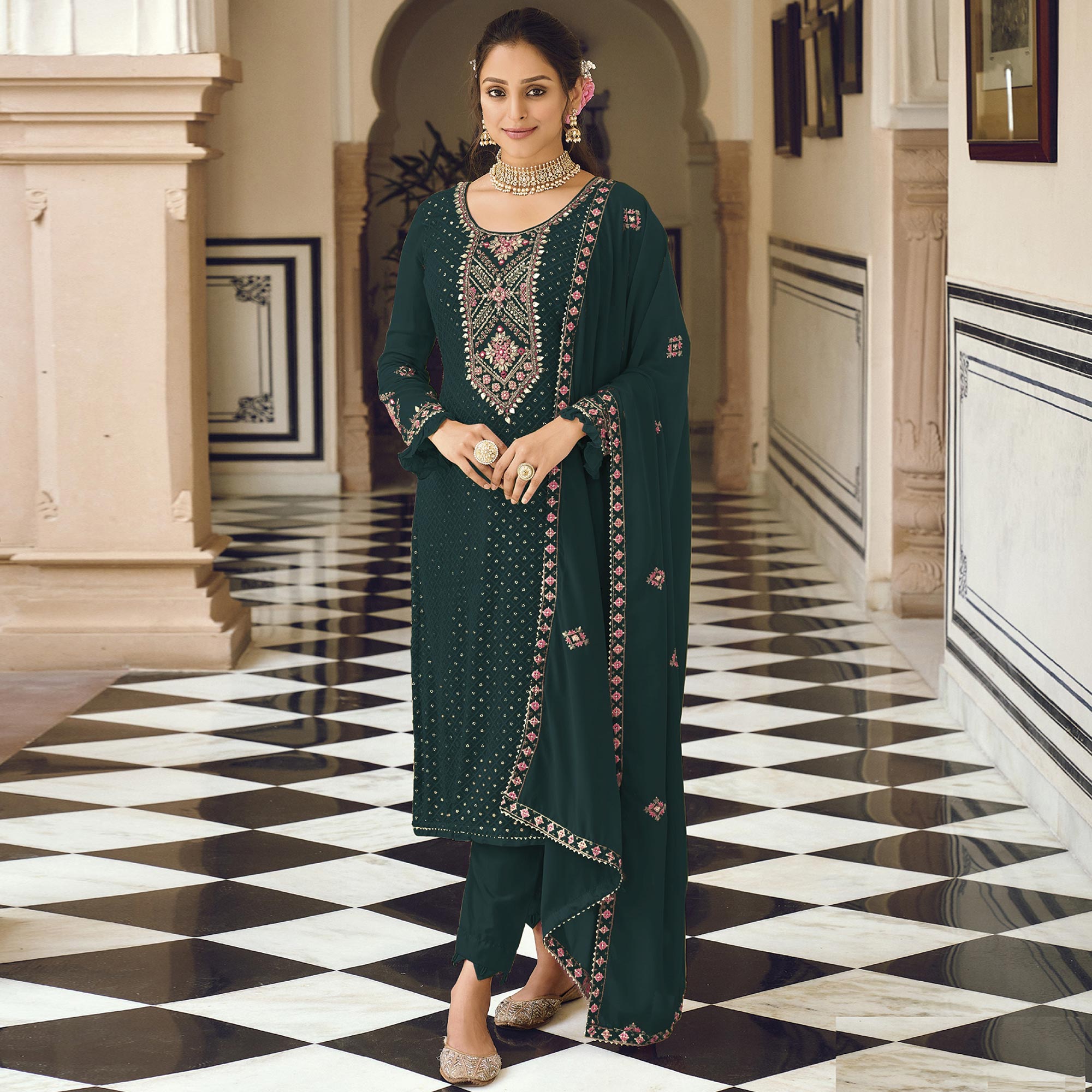 Peachmode Dark Green Sequins Embroidered Georgette Semi Stitched Salwar Suit - view 2