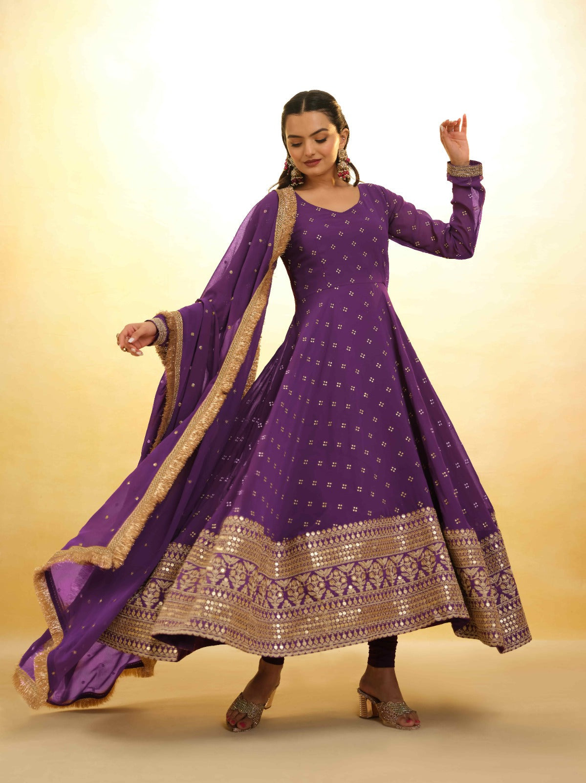 ClothsVilla Purple Georgette Suit with Embroidery and Shantoon Bottom - view 2
