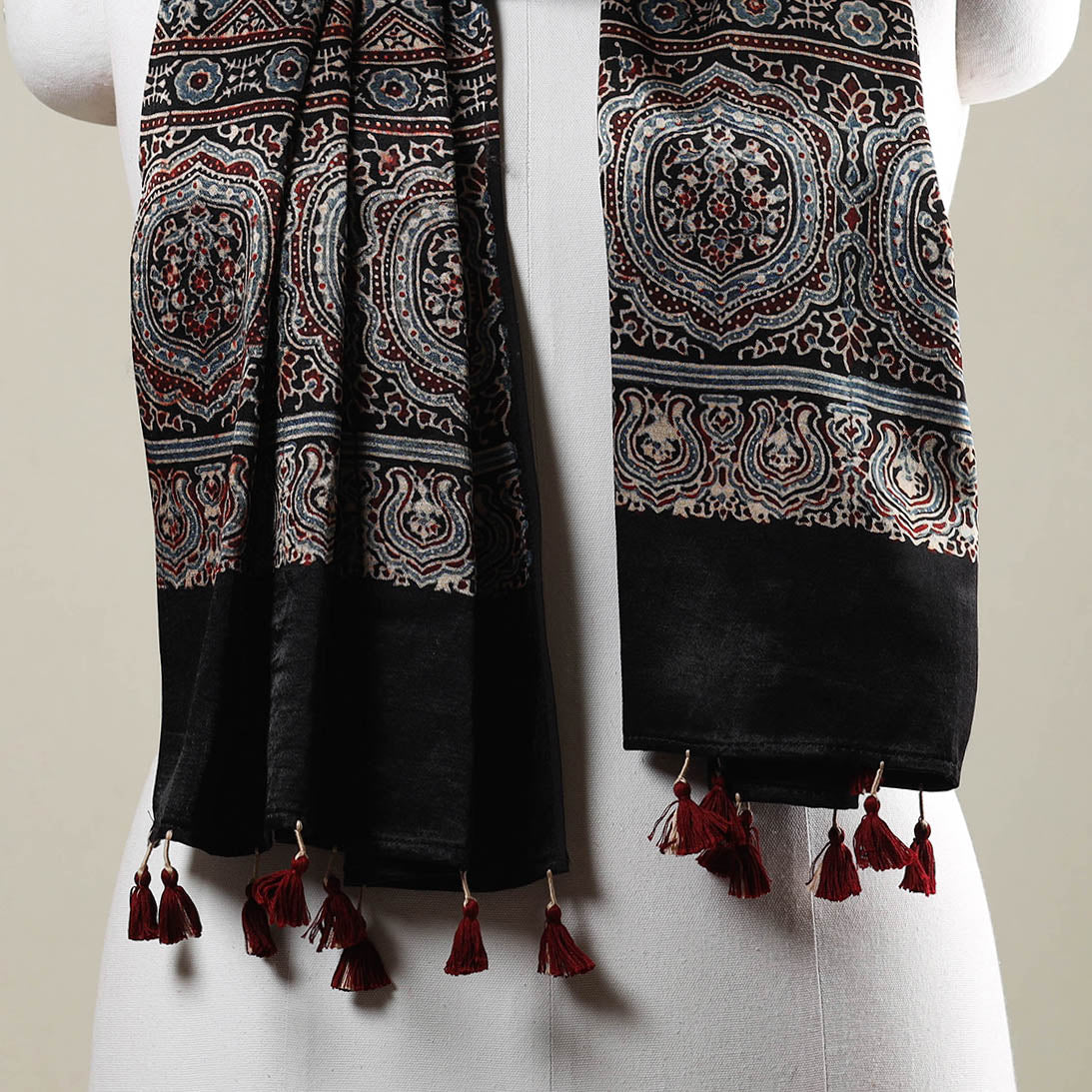 RIYAZ ABDULMAJID KHATRI - AJRAKH Black - Ajrakh Hand Block Printed Mashru Silk Stole with Tassels - view 3