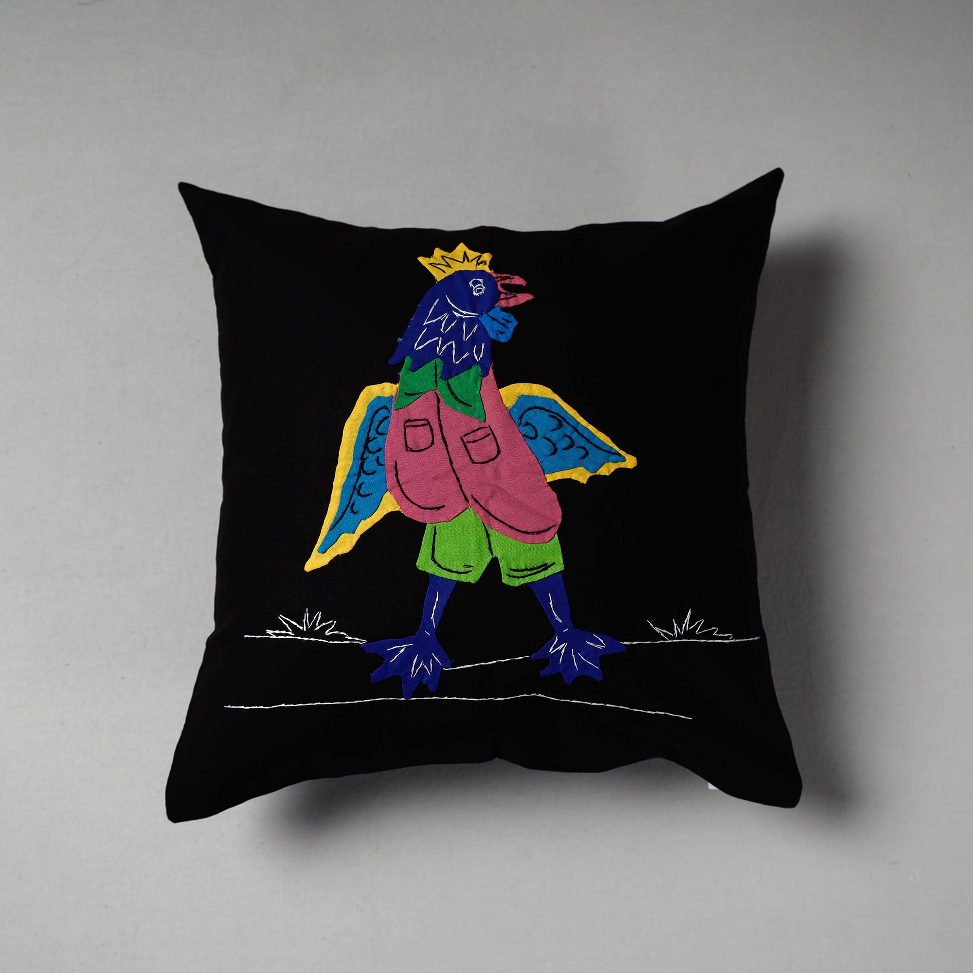 ASHOKA ASSEMBLE - CELEBRATING CRAFTS OF ODISHA Black - Pipli Applique Work Cotton Cushion Cover (16 x 16 in)