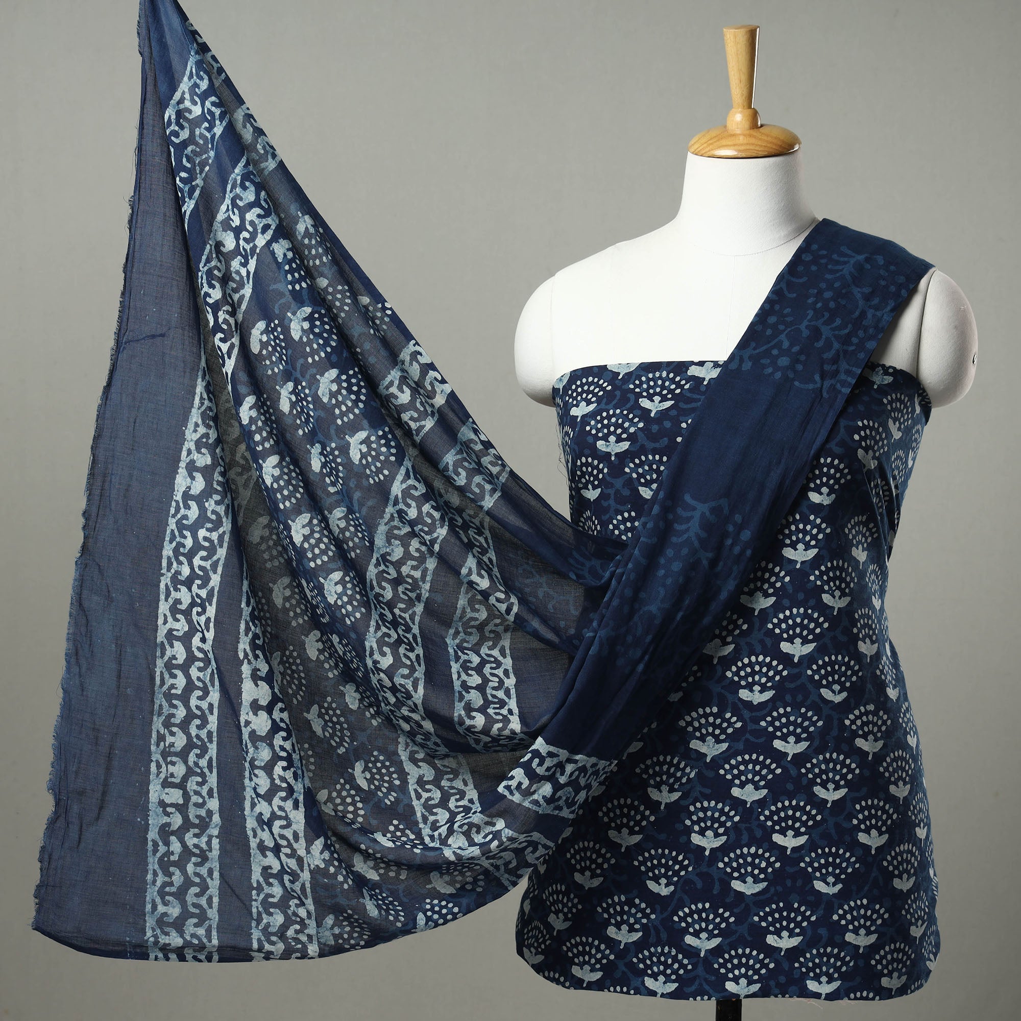 ARTISAN HAND BLOCK PRINTS Blue - 3pc Indigo Bagru Block Print Cotton Dress Material Set 07