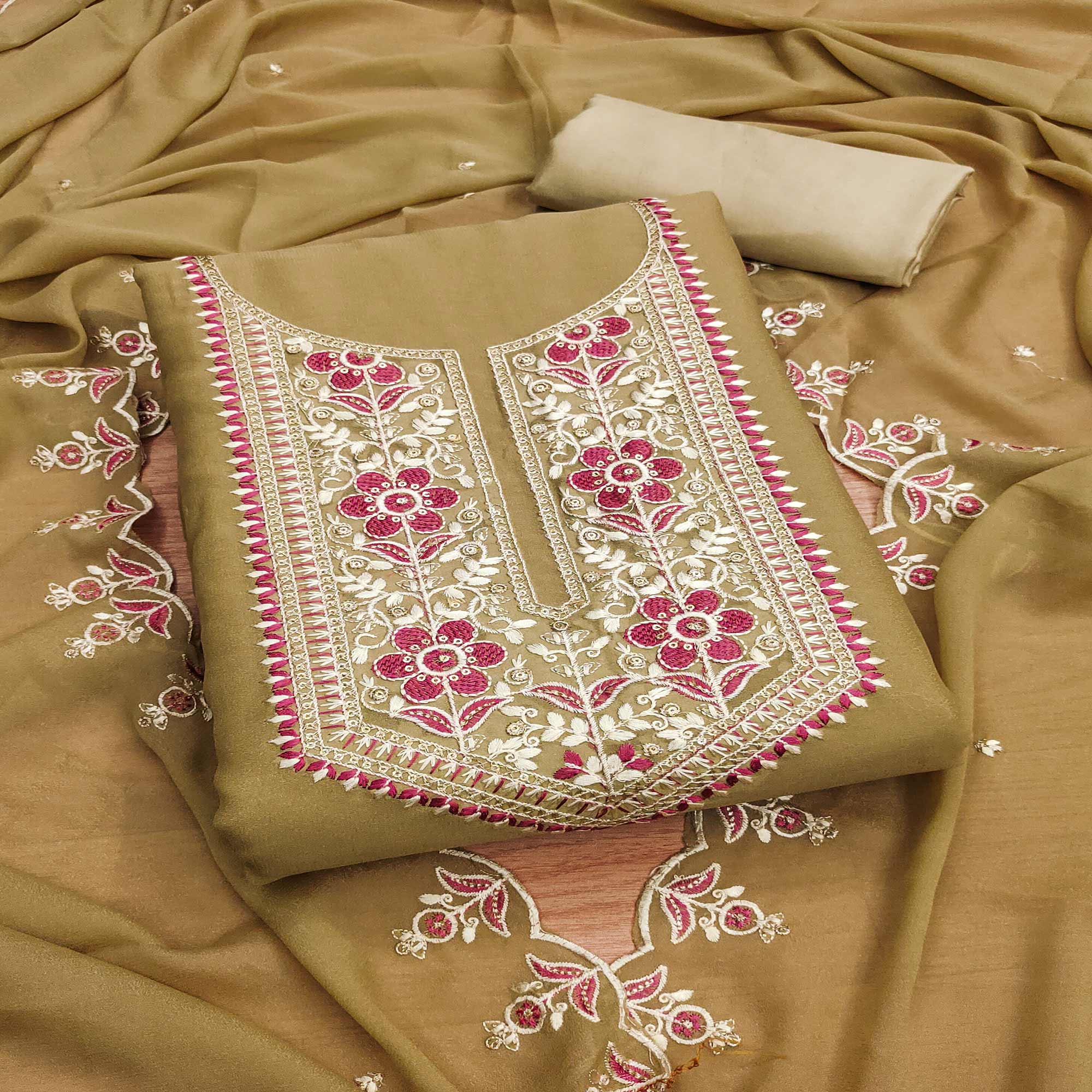 Peachmode Chikoo Floral Sequins Embroidered Georgette Dress Material