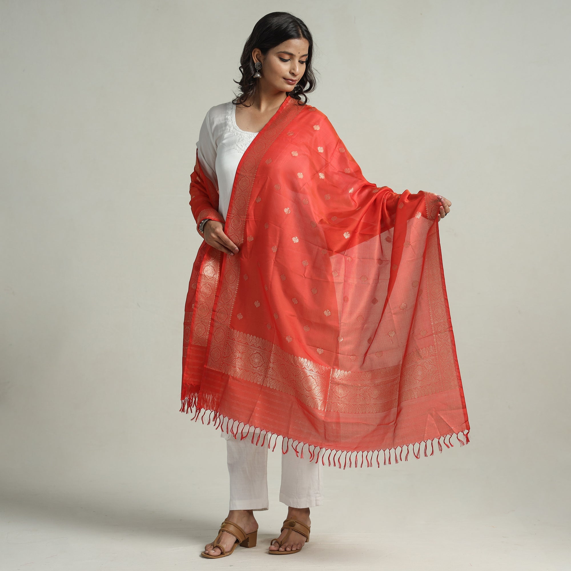 BANARASI BY MAQBUL HASAN Red - Banarasi Handloom Katan Silk Zari Buti Dupatta with Tassels 62