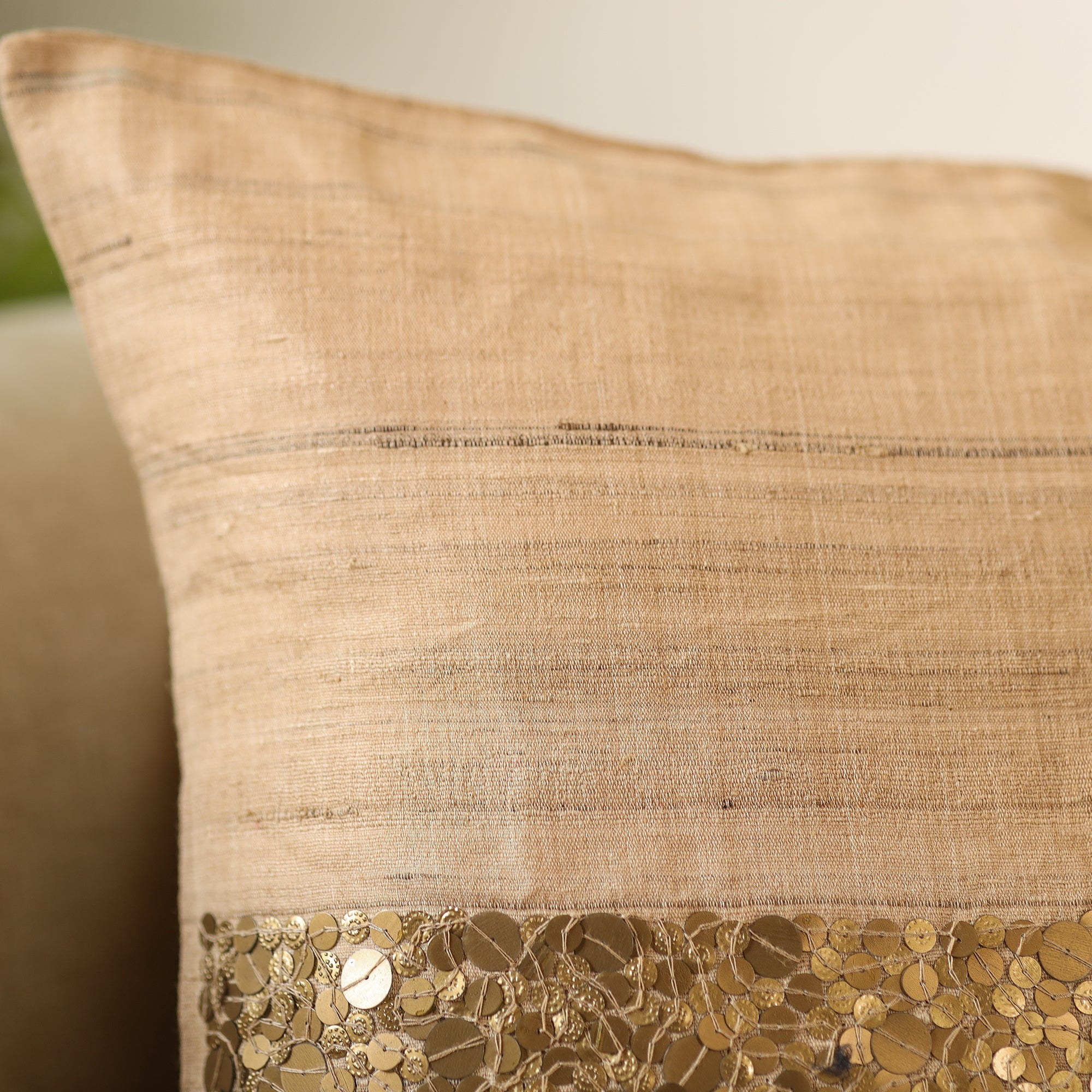 CHHATTISGARH HASTSHILP VIKAS BOARD Brown - Aari Embroidery Sequin Work Mercerised Ghicha Silk Cushion Cover (16 x 16 in) - view 3
