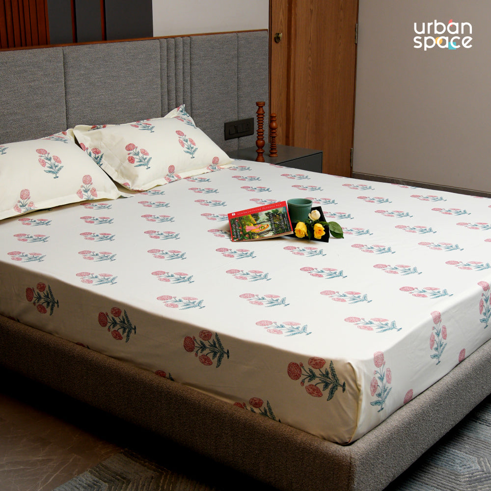 Urban Space -Home Furnishing Store Fitted King Size Cotton Bedsheet - Sunflower - Pomegranate Pink