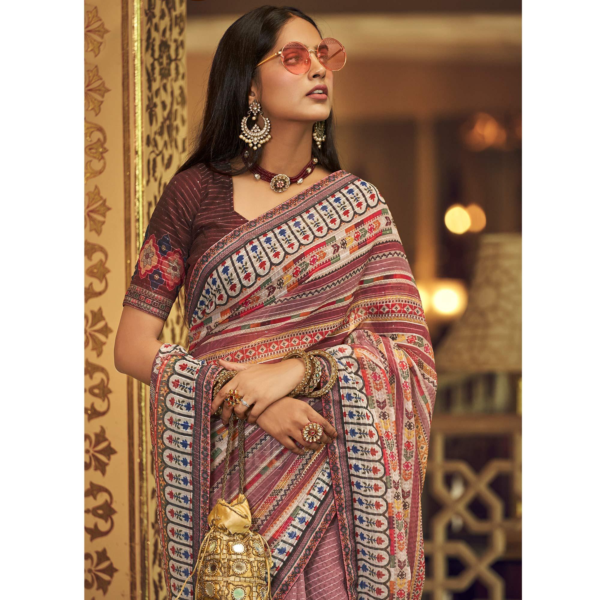 Peachmode Mauve Printed With Embellished Georgette Half and Half Saree - view 6