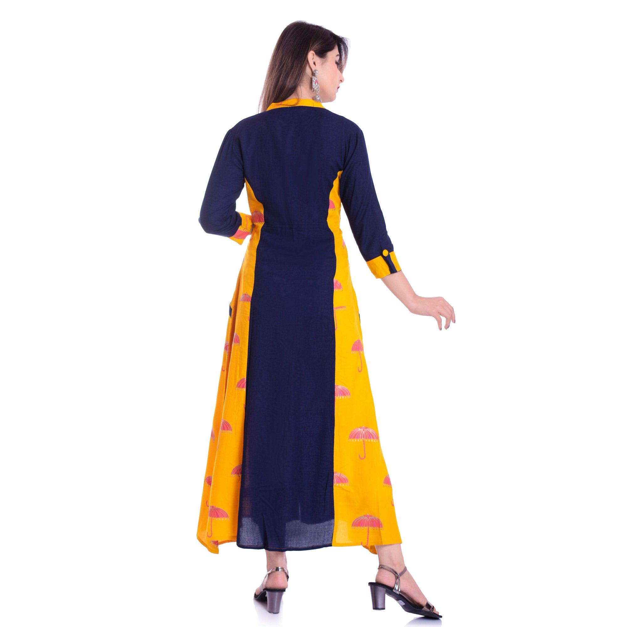 Peachmode Charming Navy Blue-Yellow Colored Casual Wear Printed Rayon Kurti - view 3
