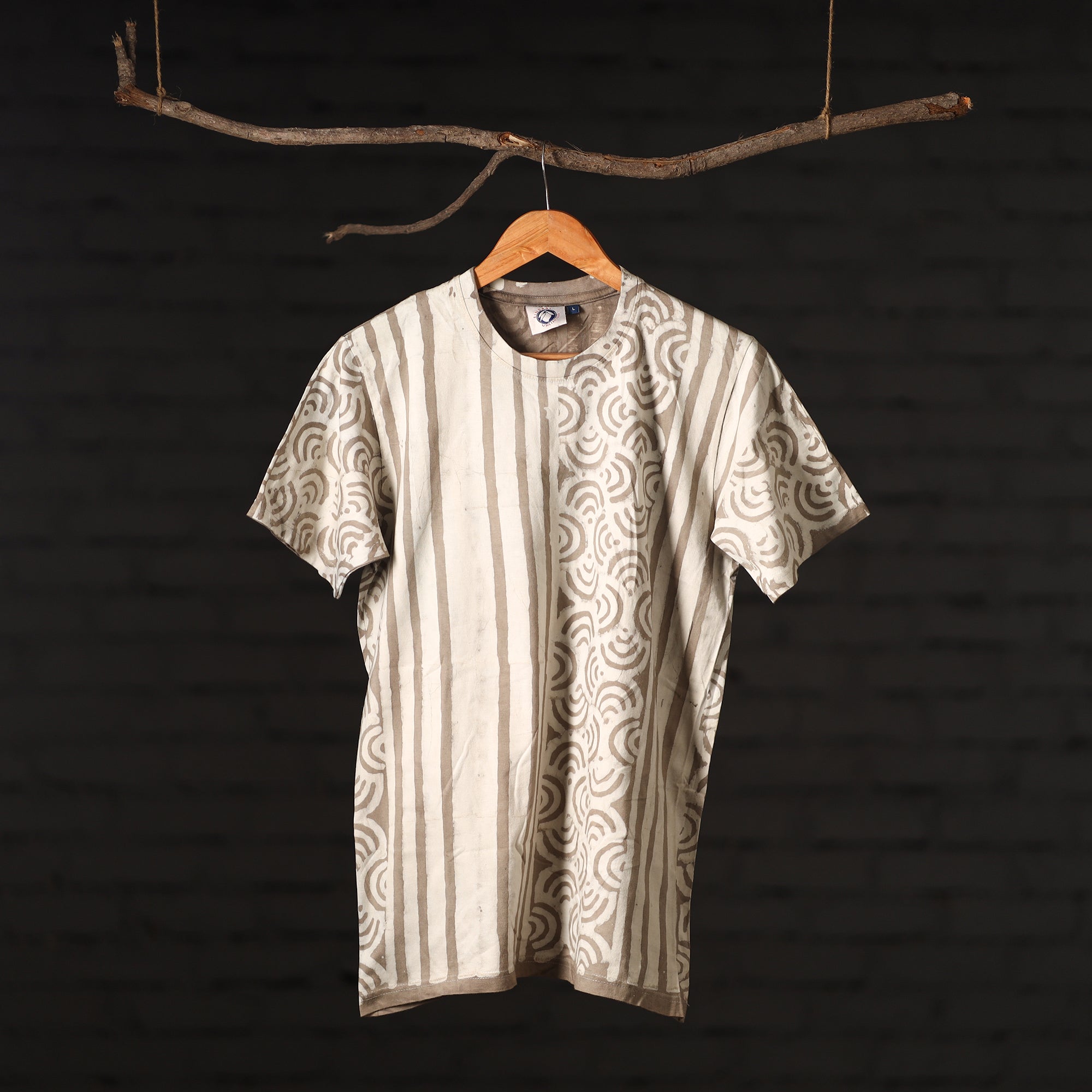 BINDAAS UNLIMITED Beige - Brown - Bindaas Natural Dyed Art Block Print Round Neck T-shirt in Pure Cotton