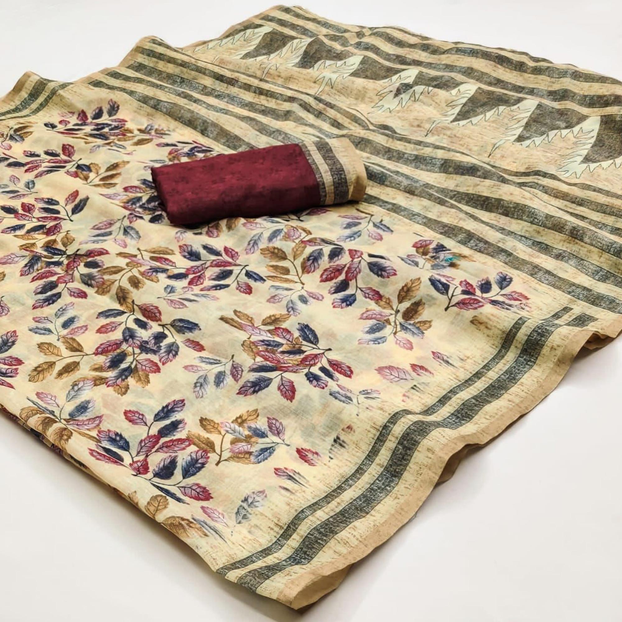 Peachmode Cream Kalamkari Floral Printed Chanderi Saree