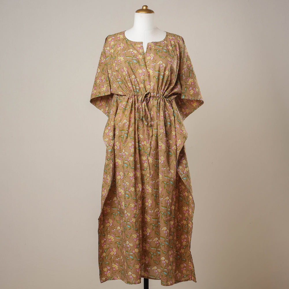 CHUTNEY CRAFT STUDIO Brown - Sanganeri Printed Cotton Kaftan with Tie-Up Waist (Long)