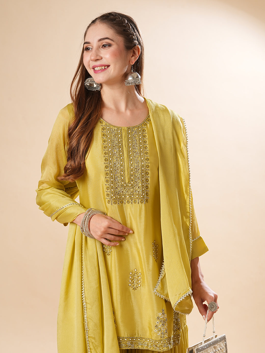 Fashor Solid Zardozi & Stones Embroidered Kurti with Sharara & Dupatta - Lime Green - view 2