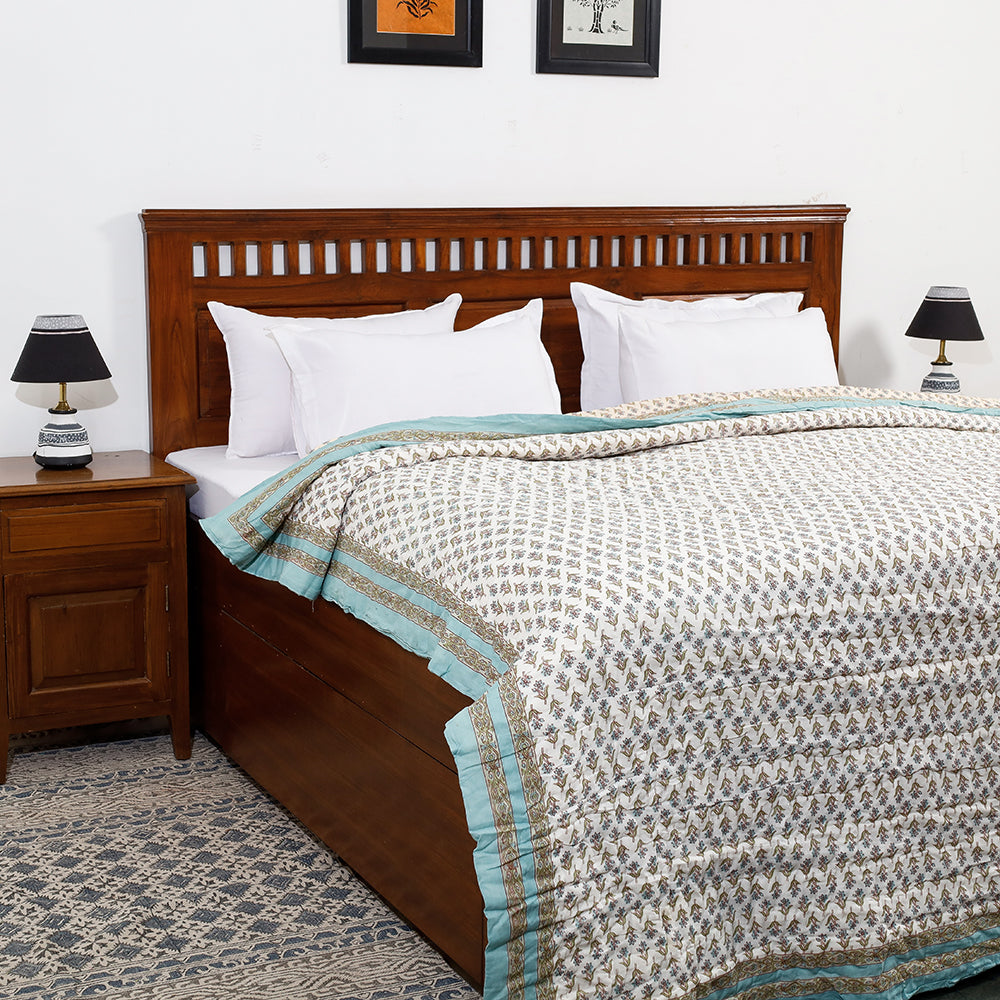 ARTISAN HAND BLOCK PRINTS Blue - Double - Sanganeri Printed Reversible Soft Cotton Quilt / Blanket (104 x 88 in)