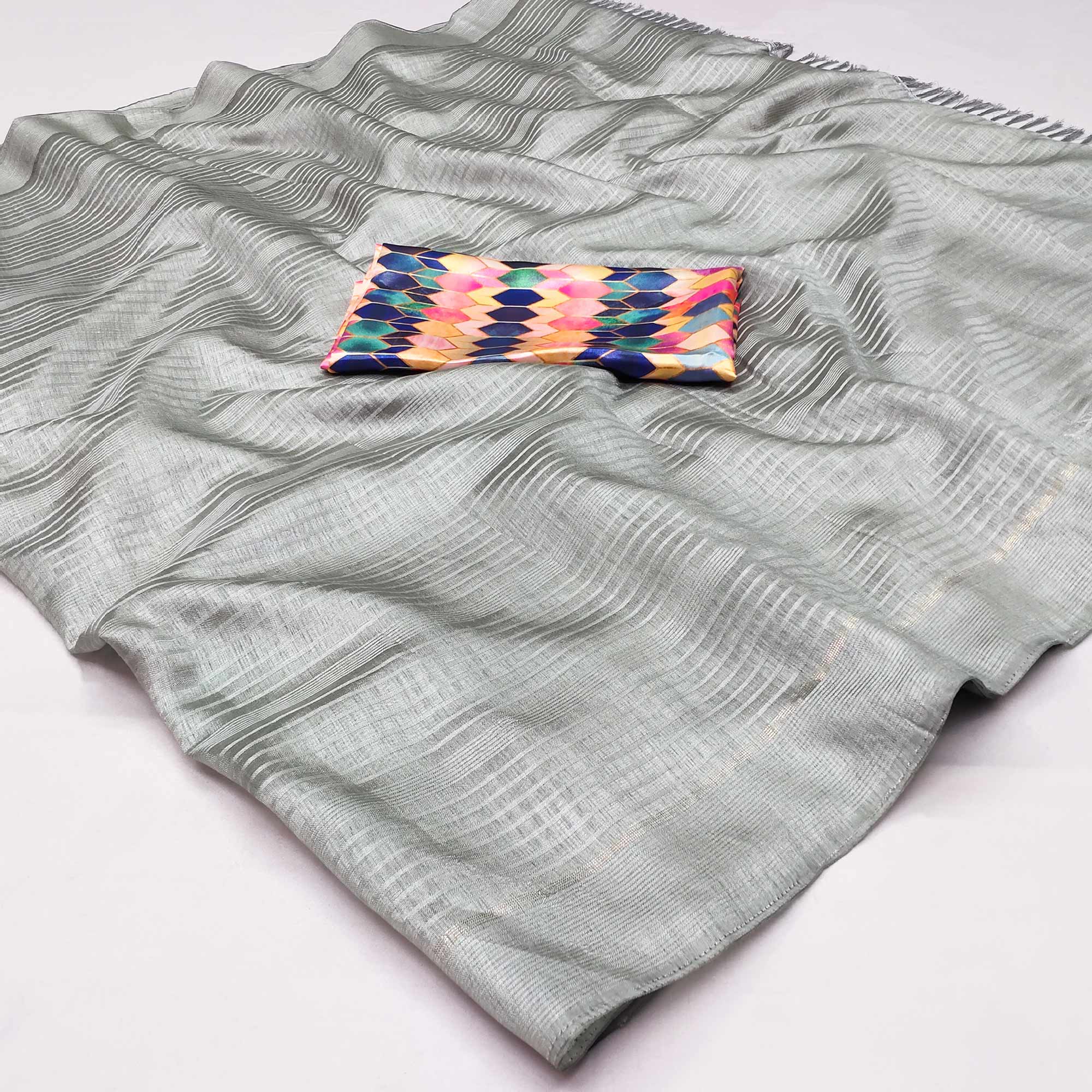 Peachmode Grey Striped Pattern Manipuri Silk Saree