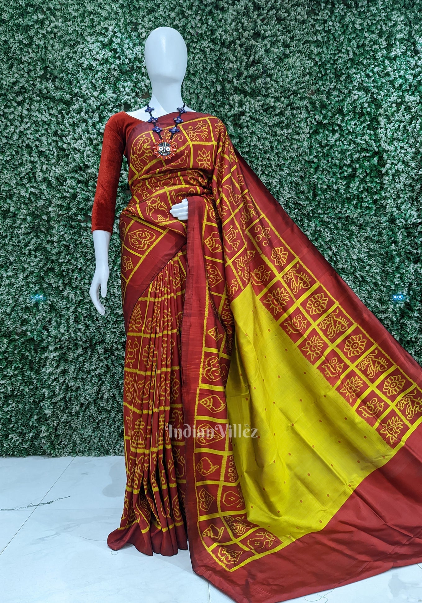 IndianVillèz Deep Red Nabakothi Contemporary Silk Saree