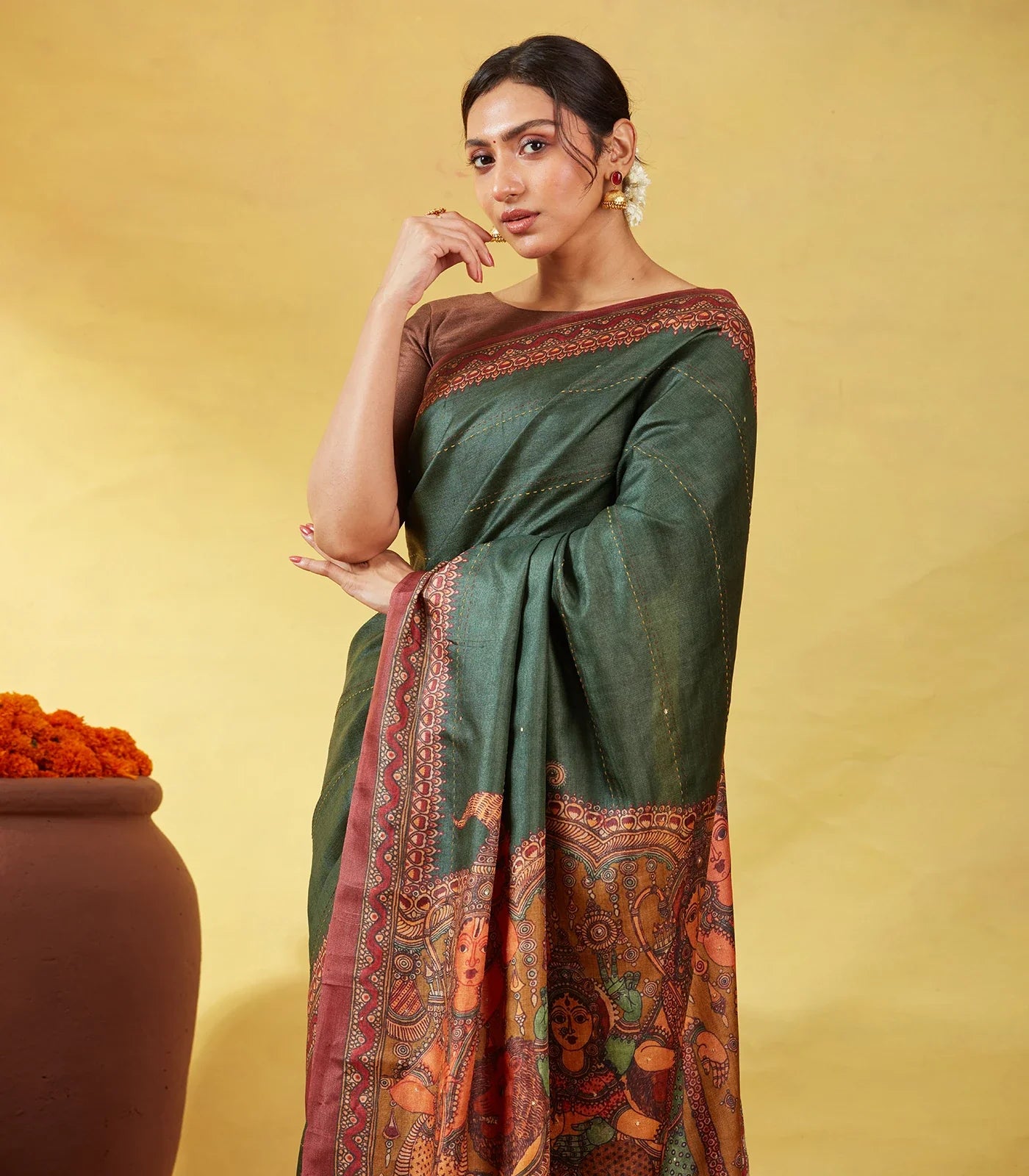 RmKV Bottle Green Handloom Tussar Silk Saree Printed With Lord Ram In Pallu - view 4