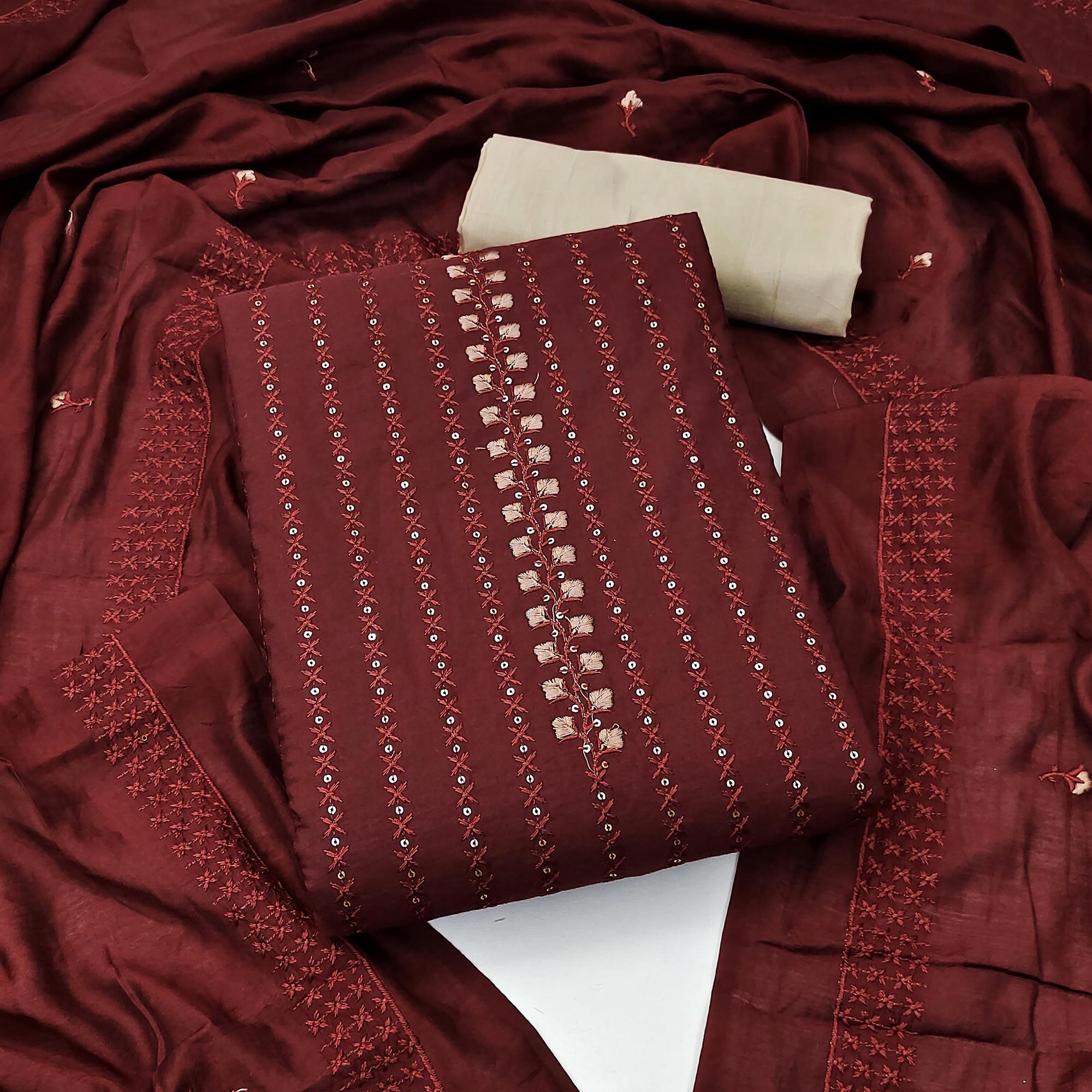 Peachmode Maroon Sequins Embroidered Cotton Silk Dress Material