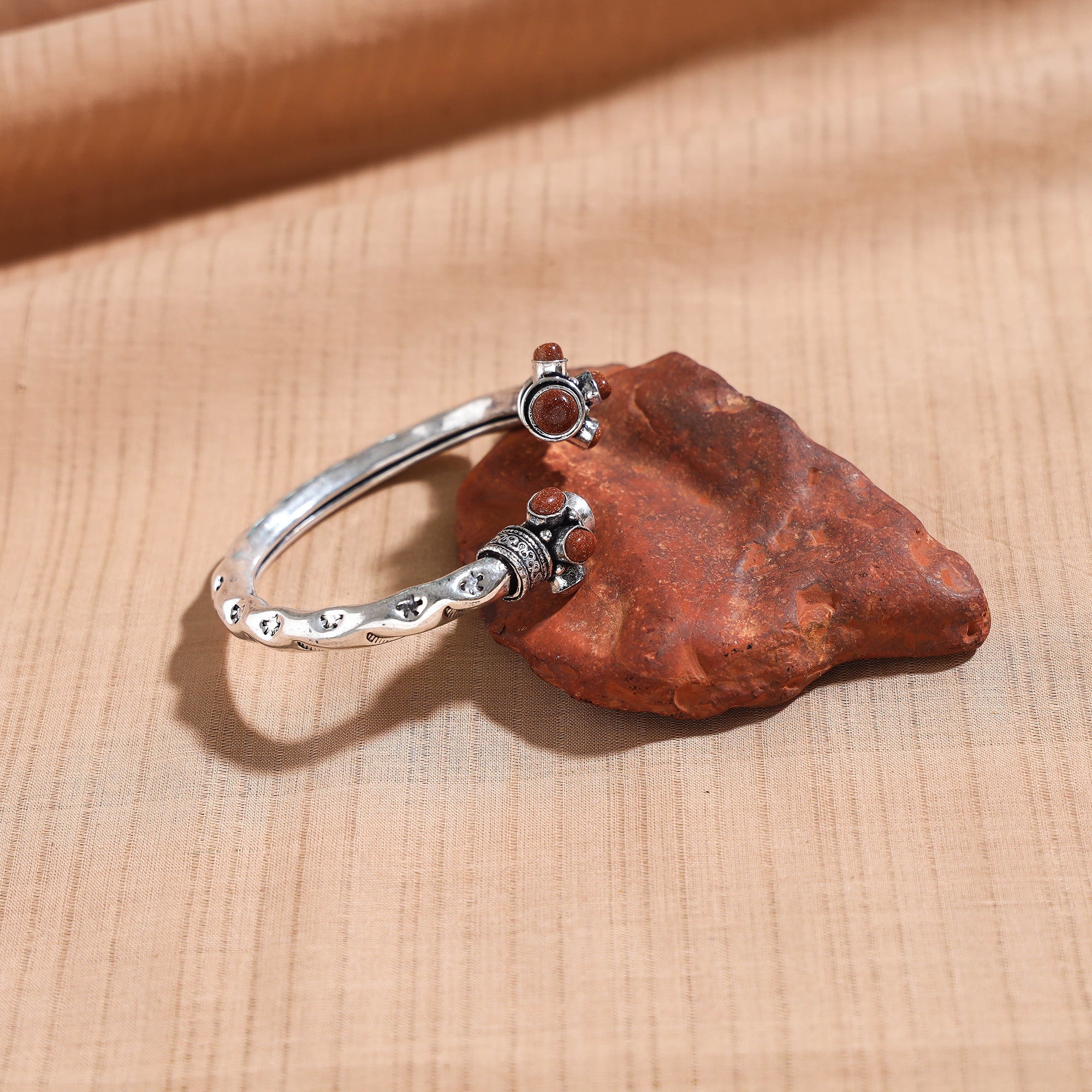 WHITE RIVER STORIES Antique Finish Oxidised German Silver Stone Bangle / Kada (Adjustable)