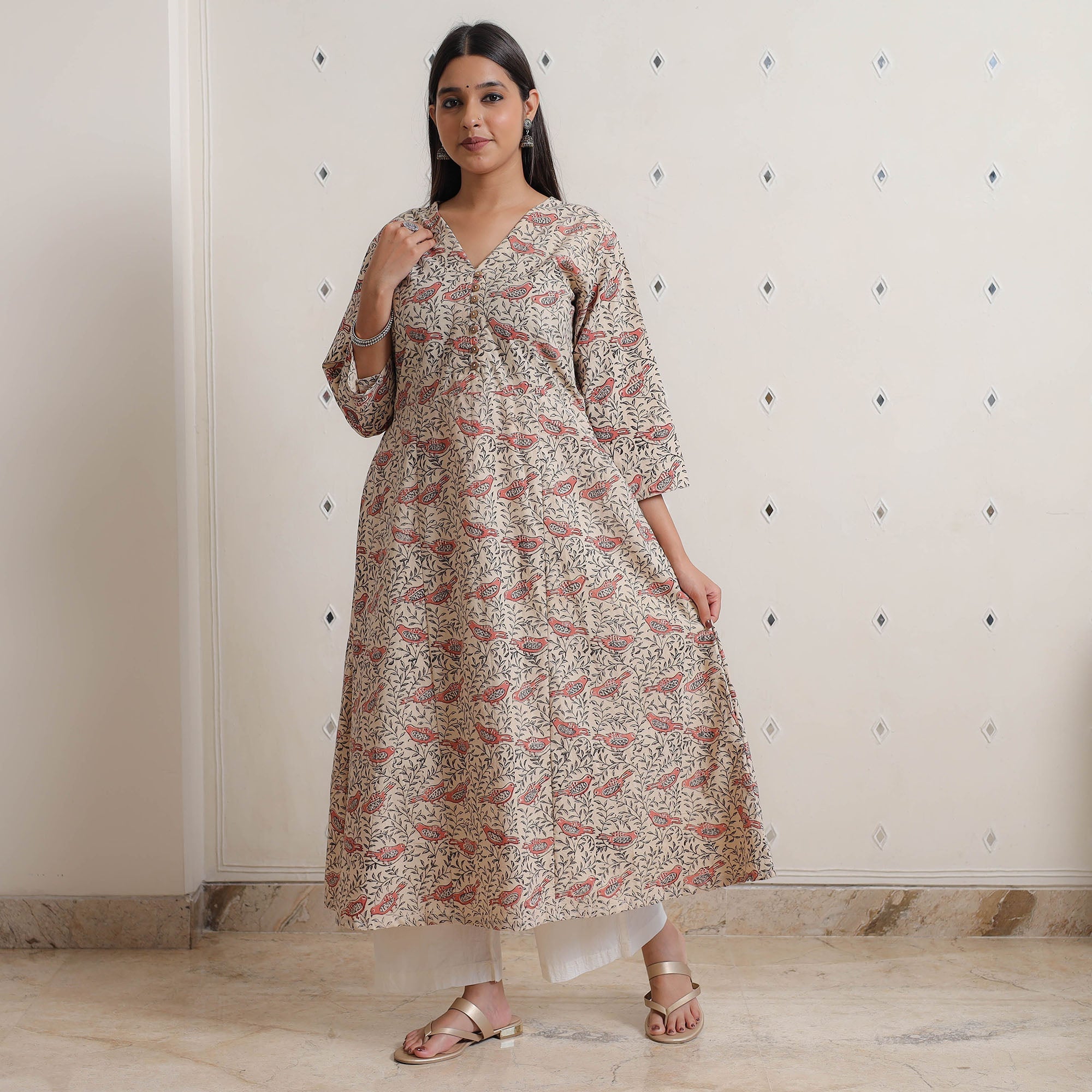 ITOKRI CASUALS Beige - Pedana Kalamkari Block Printed Cotton A-Line Kurta 04 - view 7