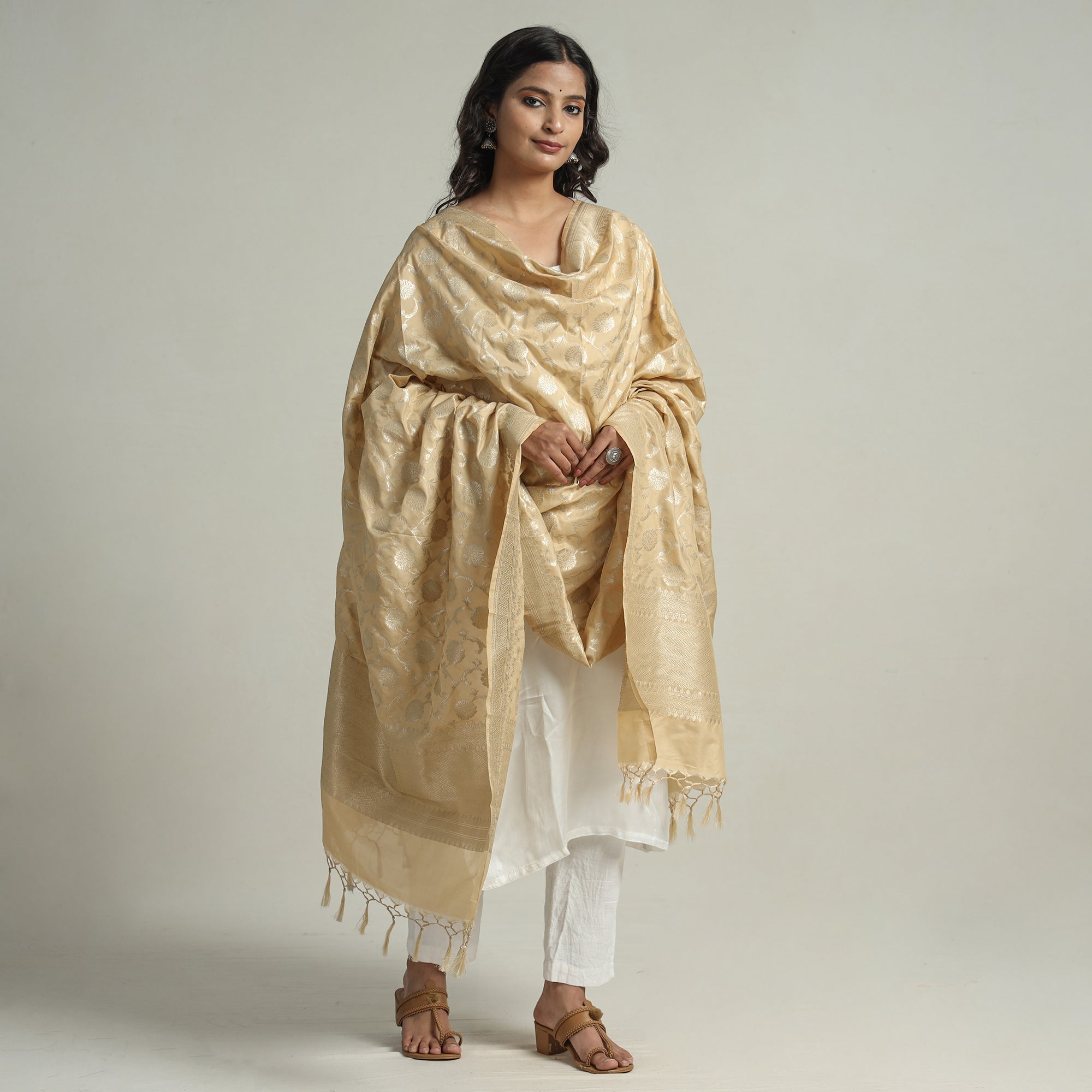 BANARASI BY MAQBUL HASAN Beige - Banarasi Semi Silk Zari Jaal Dupatta with Tassels 81 - view 2