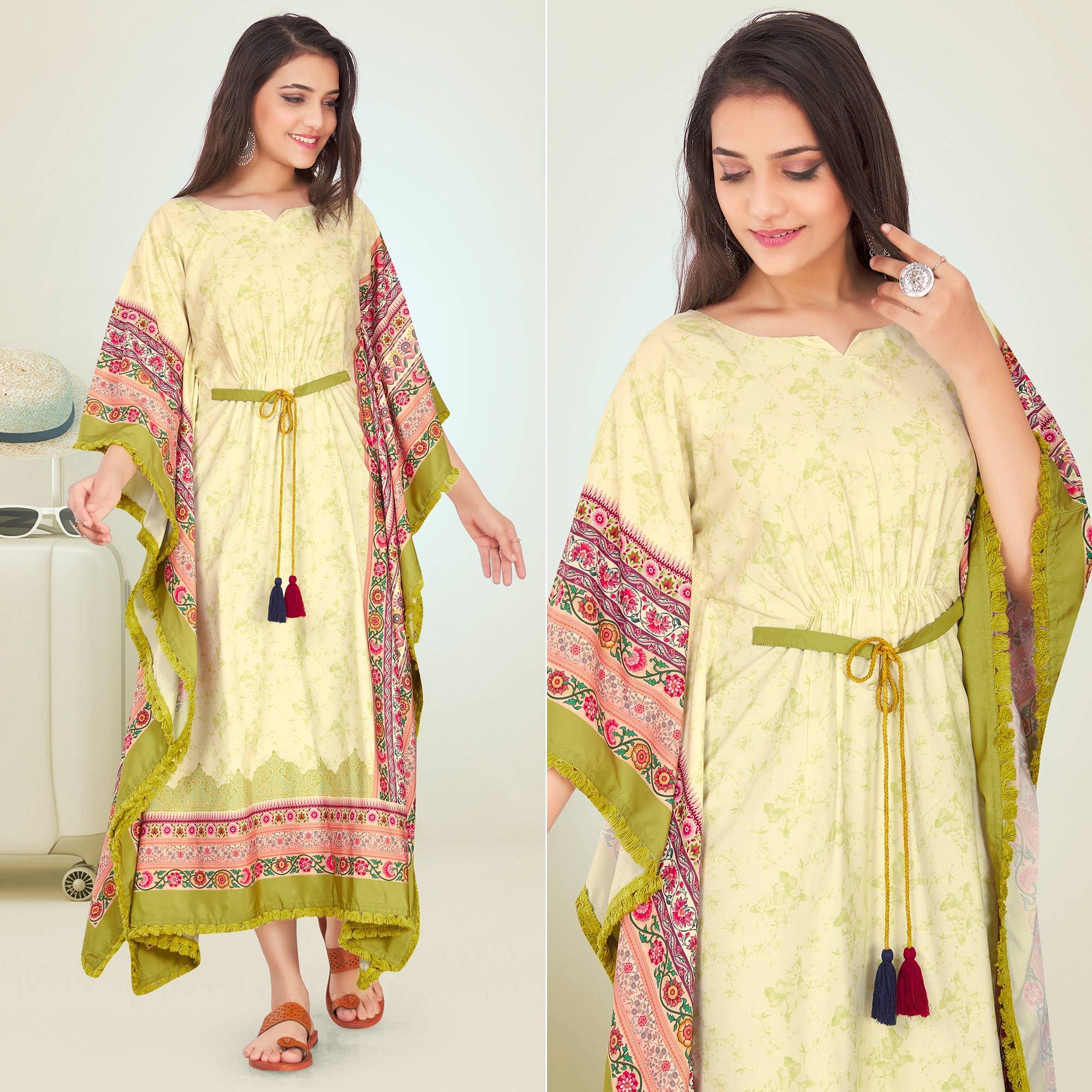 Peachmode Light Green Casual Wear Floral Digtial Printed Modal Kaftan Kurti - view 4