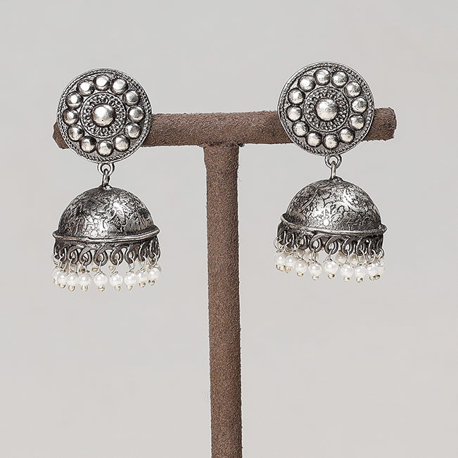 WHITE RIVER STORIES Antique Silver Finish Oxidised Brass Base Jhumki Earrings - view 2
