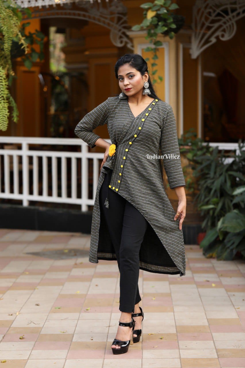 IndianVillèz Black Checkered Kotpad Organic Cotton Kurti for Women