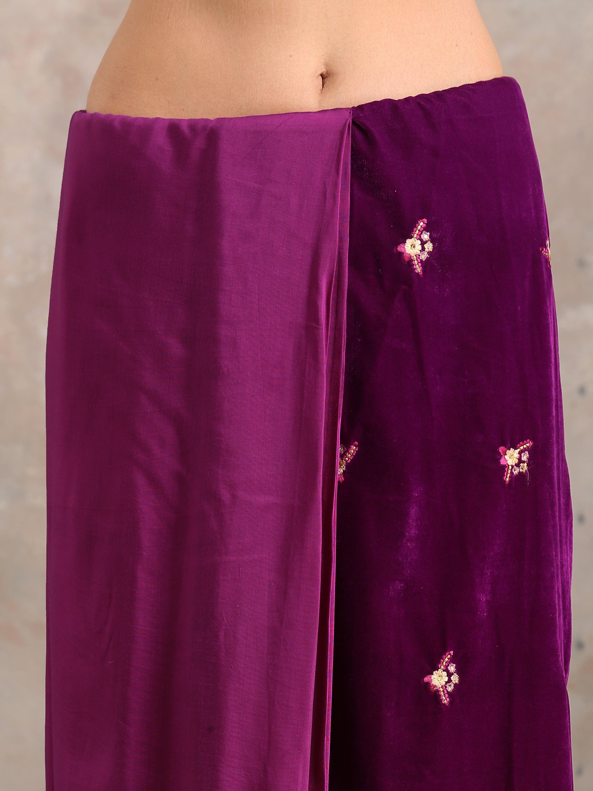 trueBrowns Wine Velvet Silk Embroidered Ready To Wear Saree - view 4